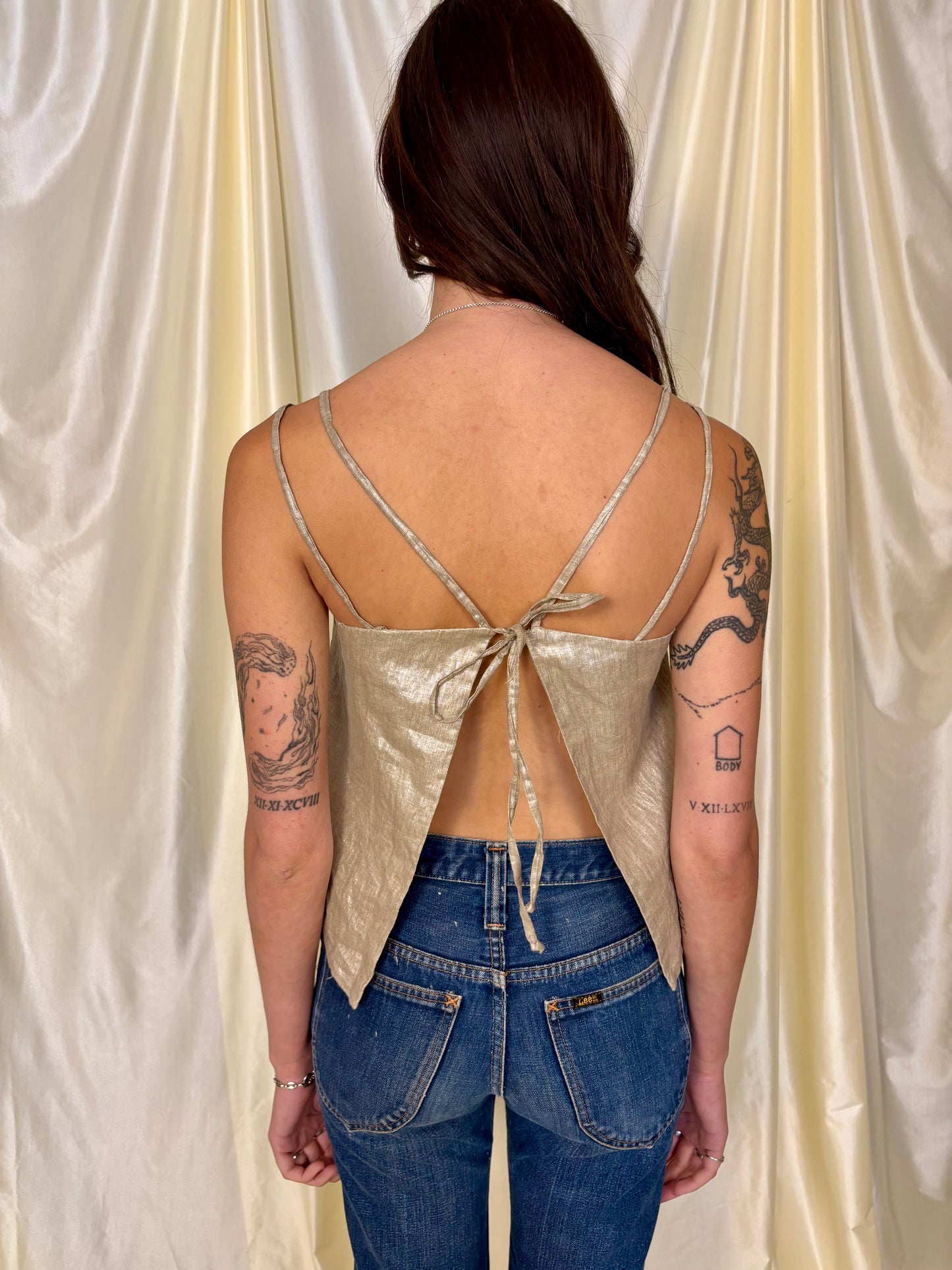 Iridescent linen tie back top