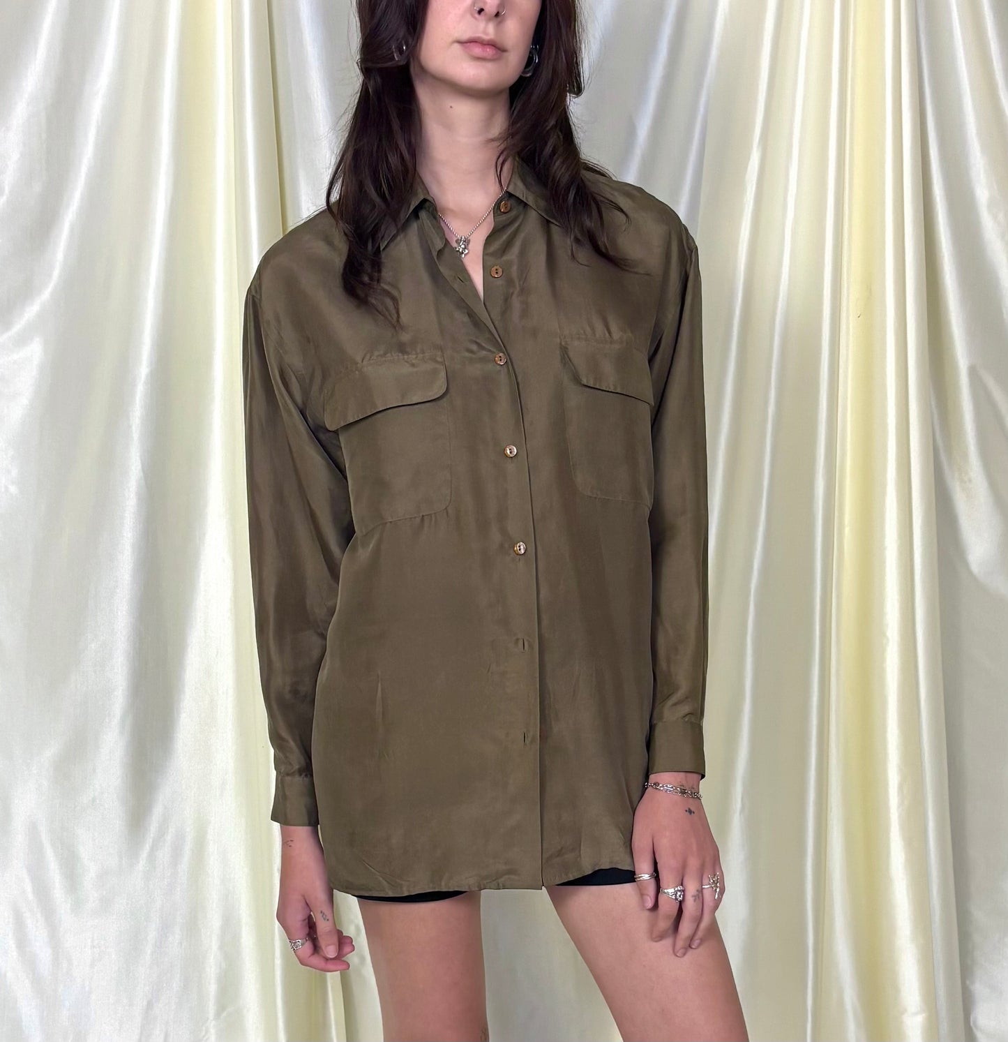 Olive green silk button up