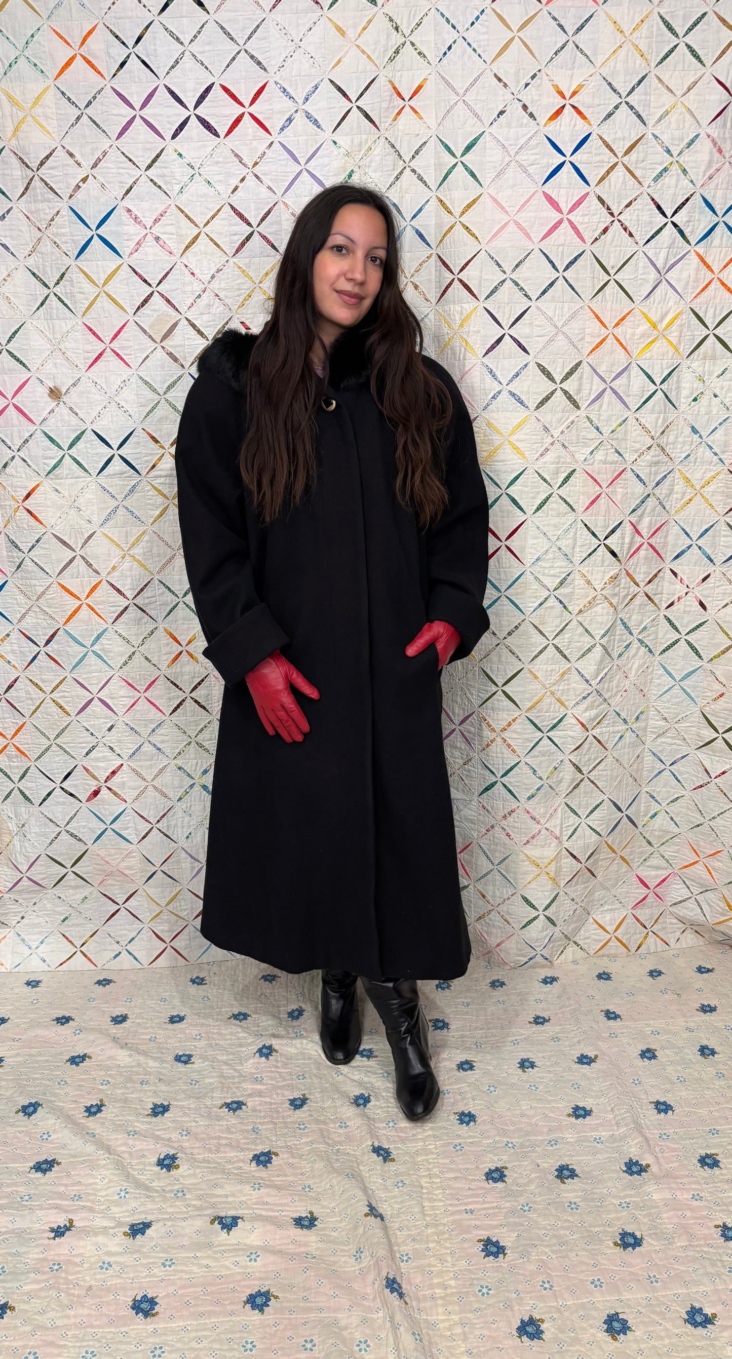 Black wool jacket with hood & fox fur trim