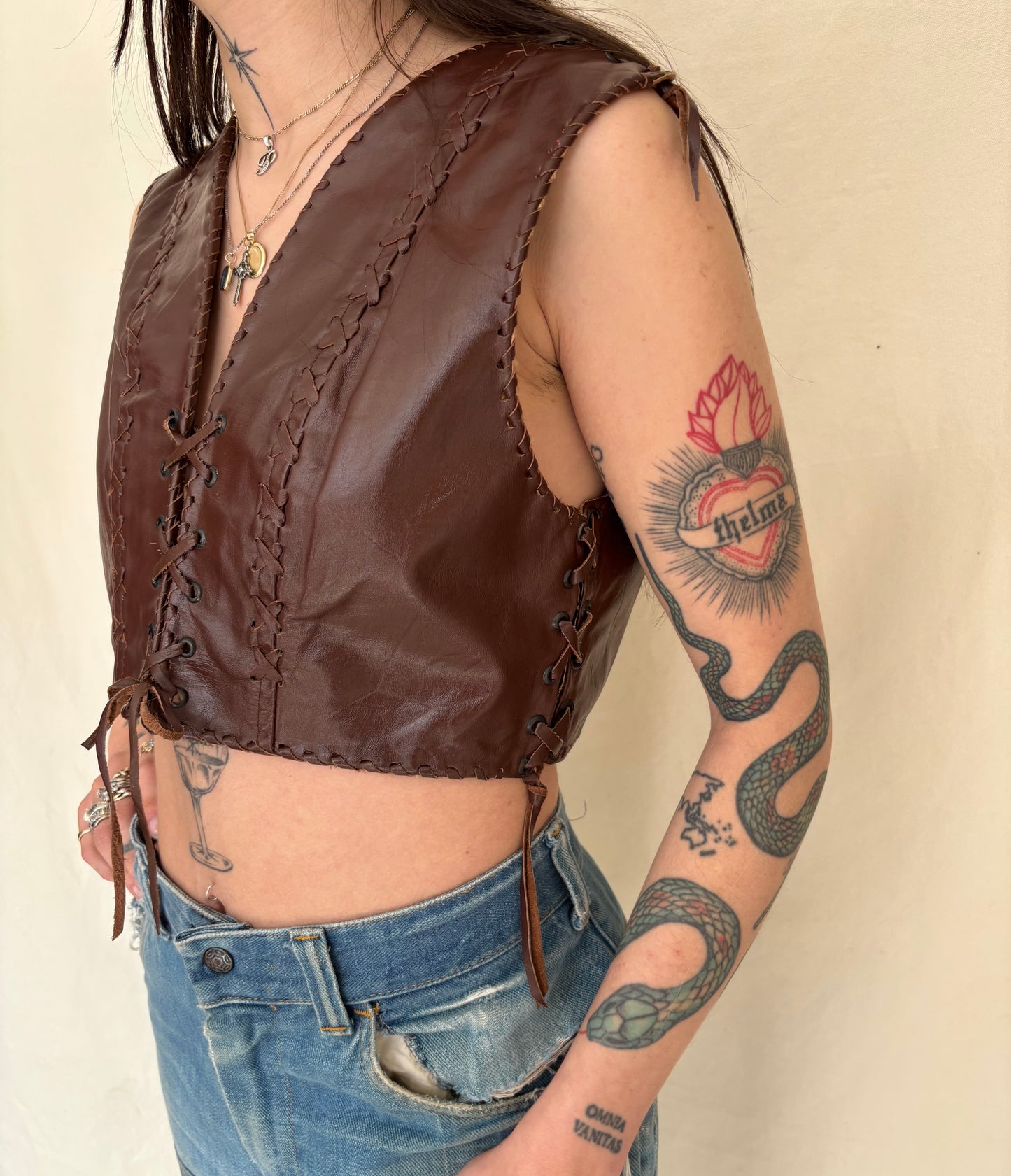 1970s brown leather patchwork vest