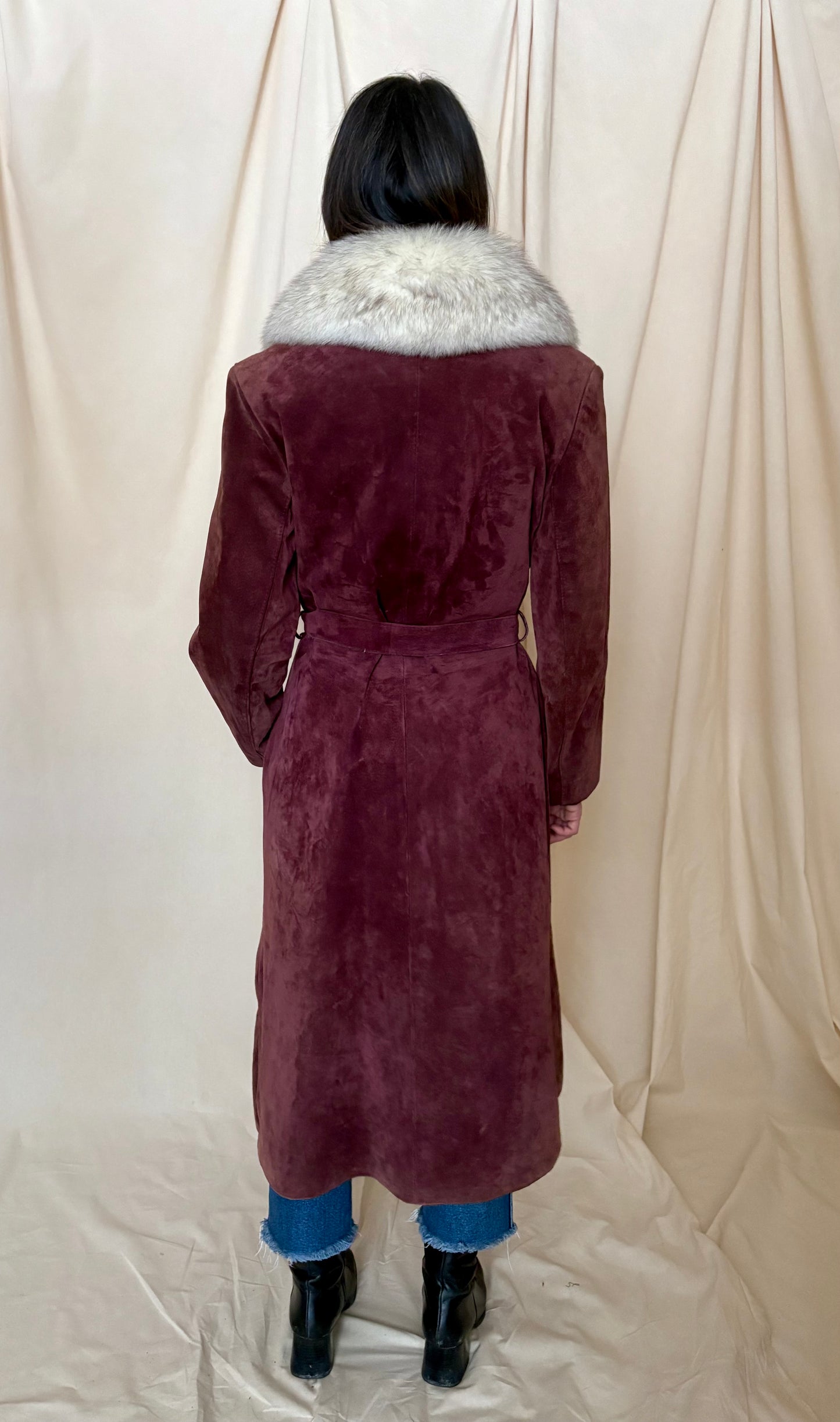 1970s Suede Plum Trench with Fox Fur Trim