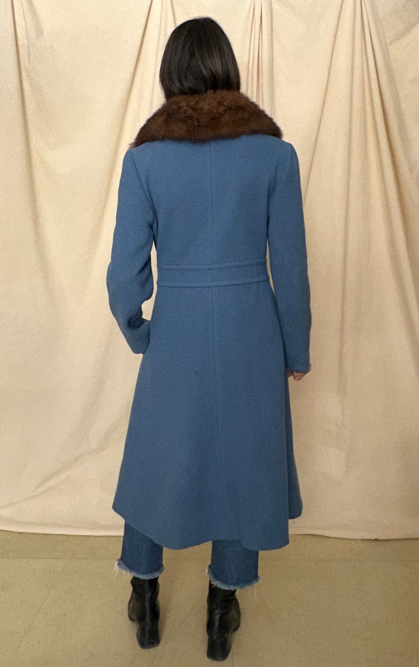 1970s Blue Wool Trench with Fur Collar