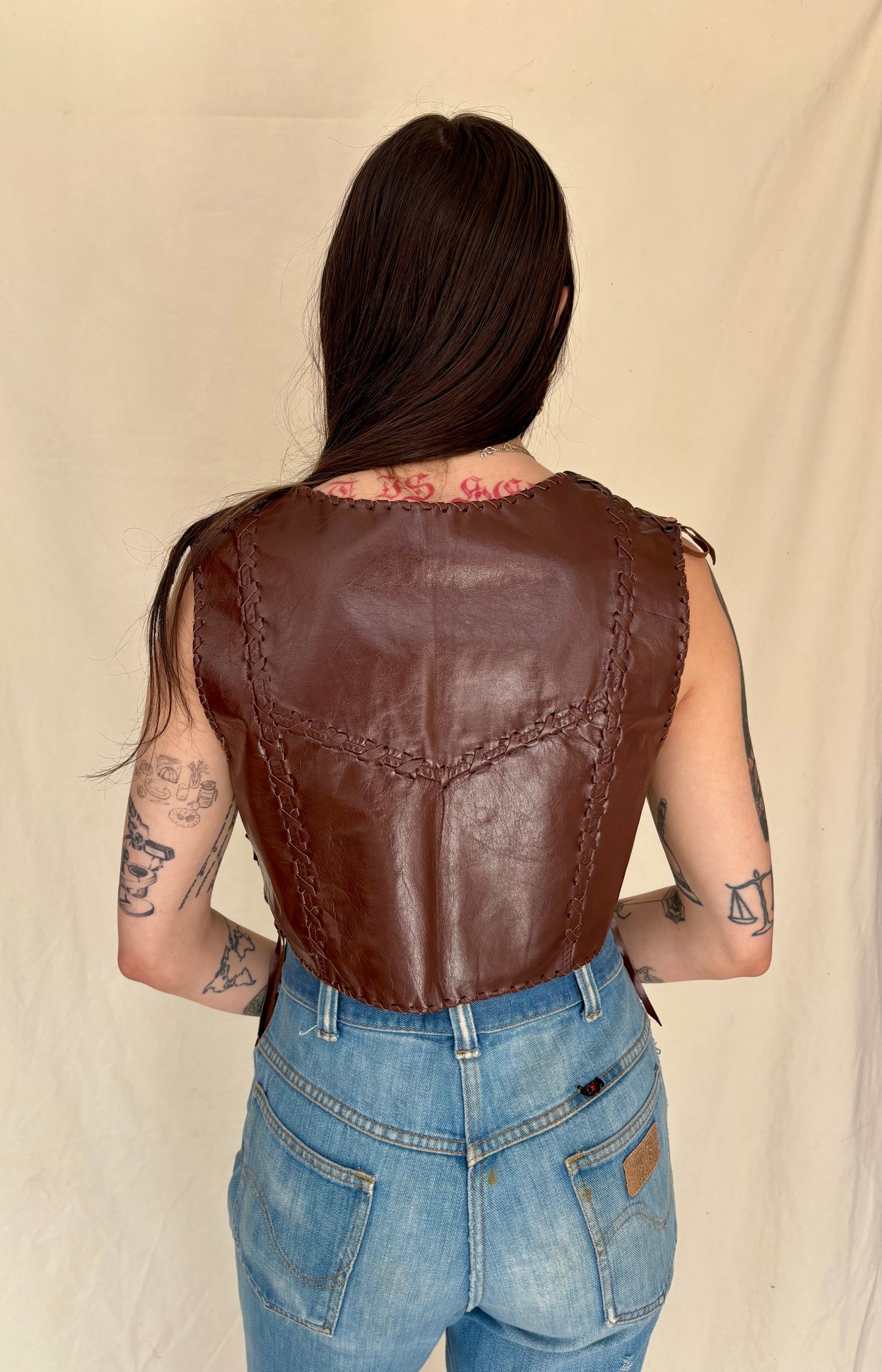 1970s brown leather patchwork vest