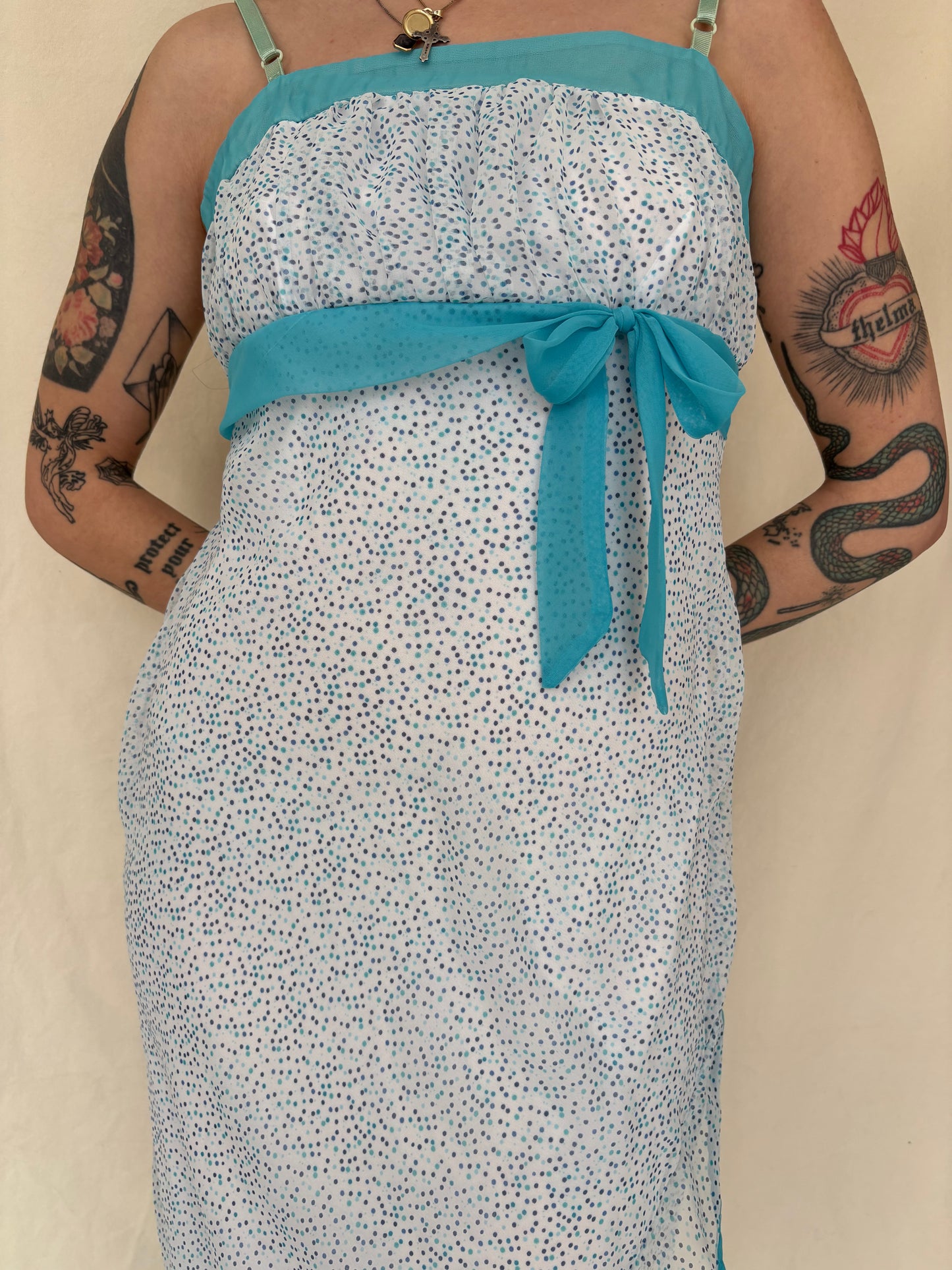 Y2K blue polka dot bias cut ruffle dress