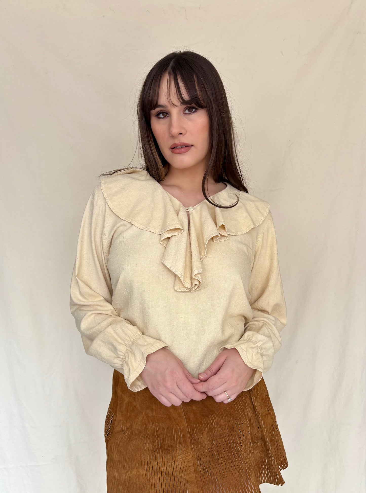 90s raw silk cream ruffle/prairie blouse