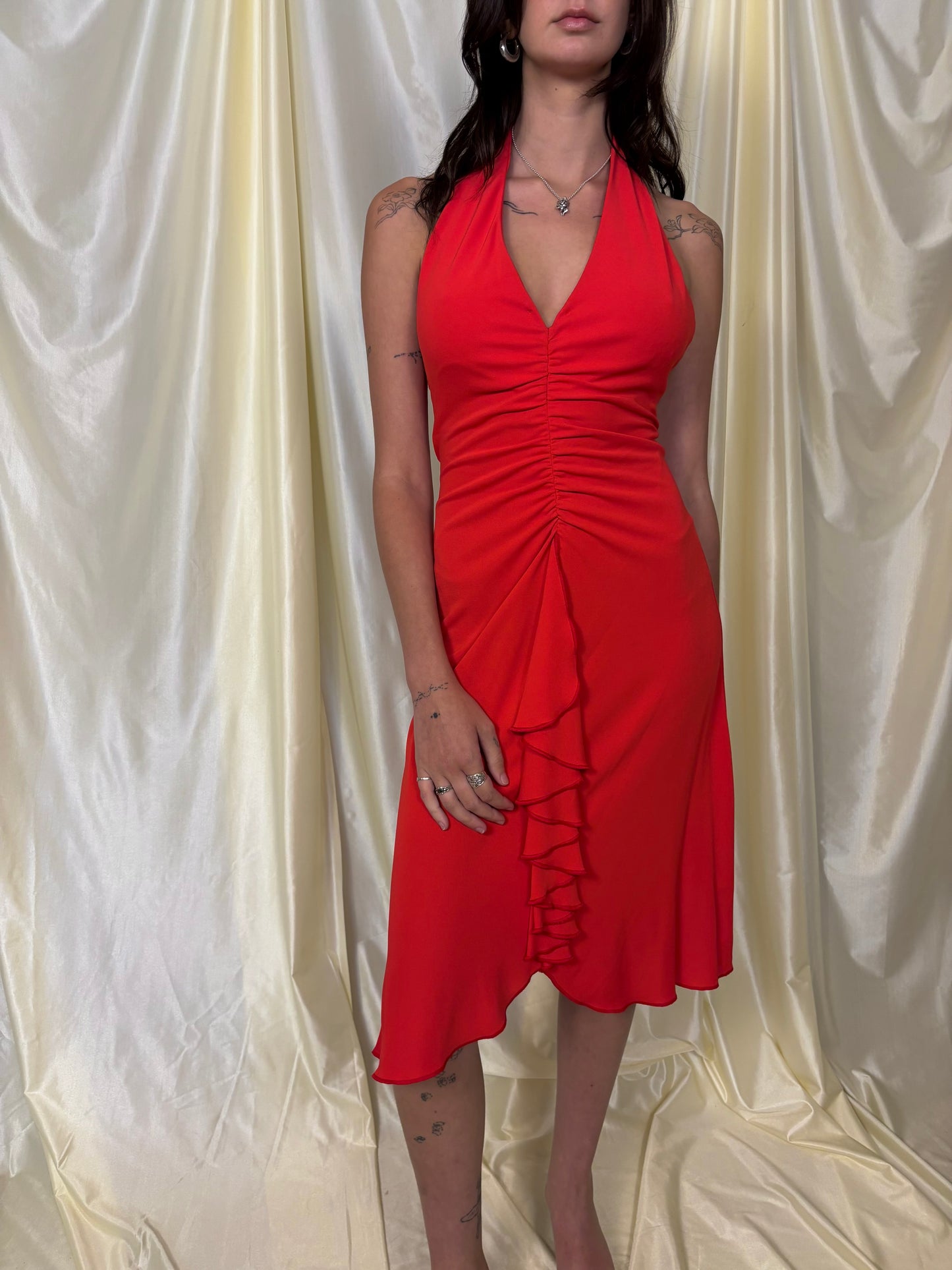 Y2K red ruffle halter dress