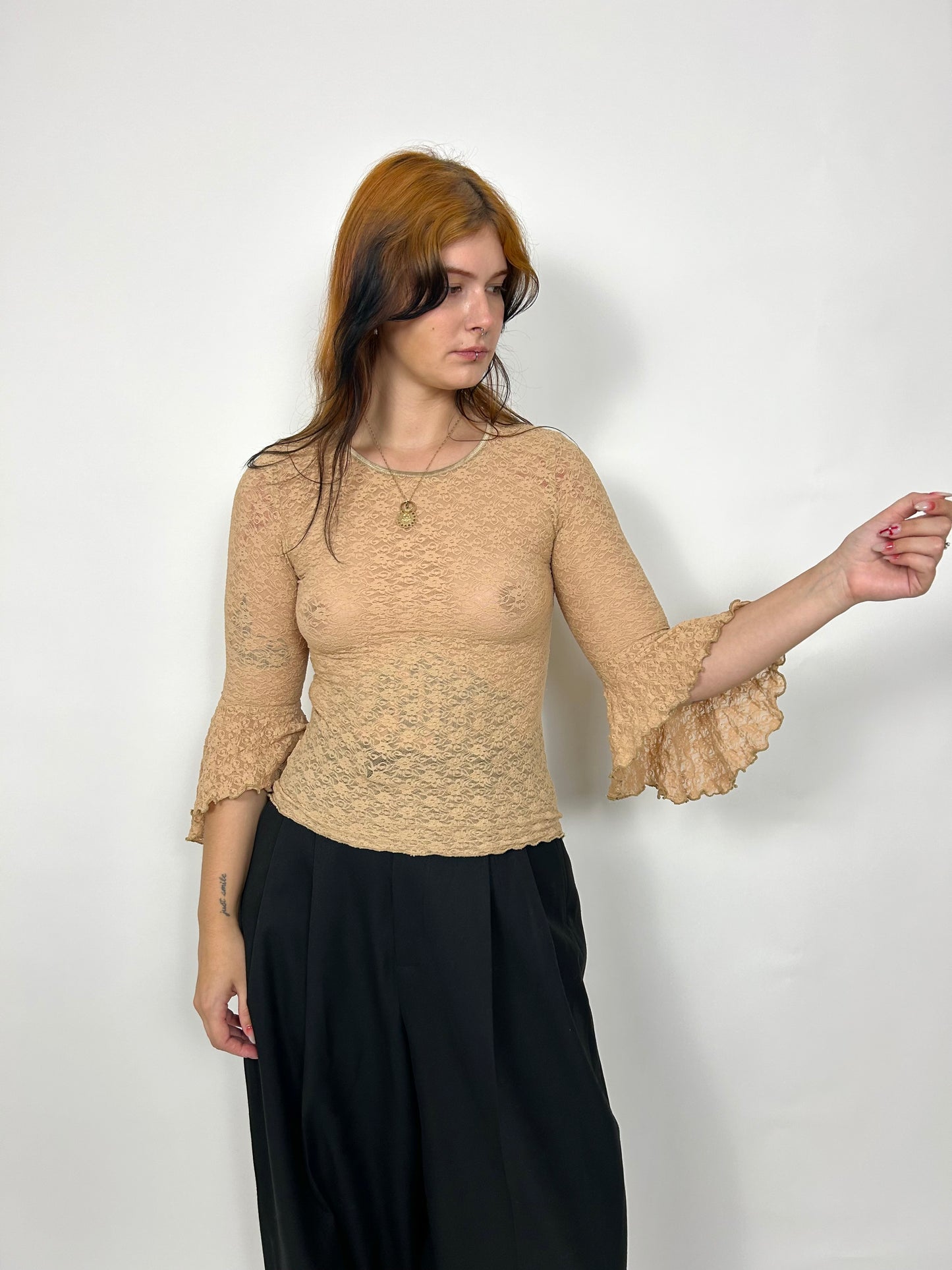 90s Nude Lace Top with Trumpet Sleeve