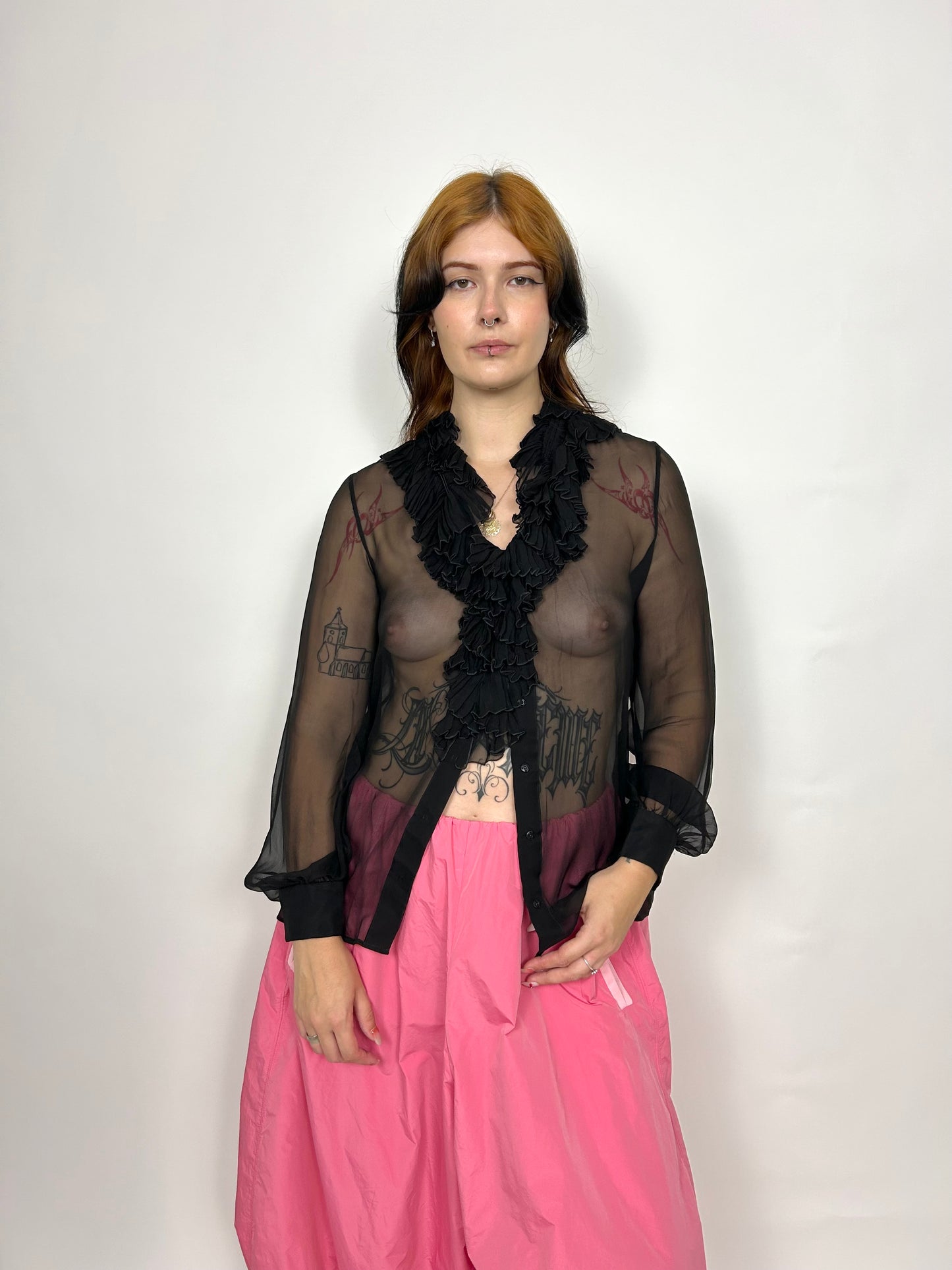 Alberta Ferretti Sheer Silk Ruffle Blouse