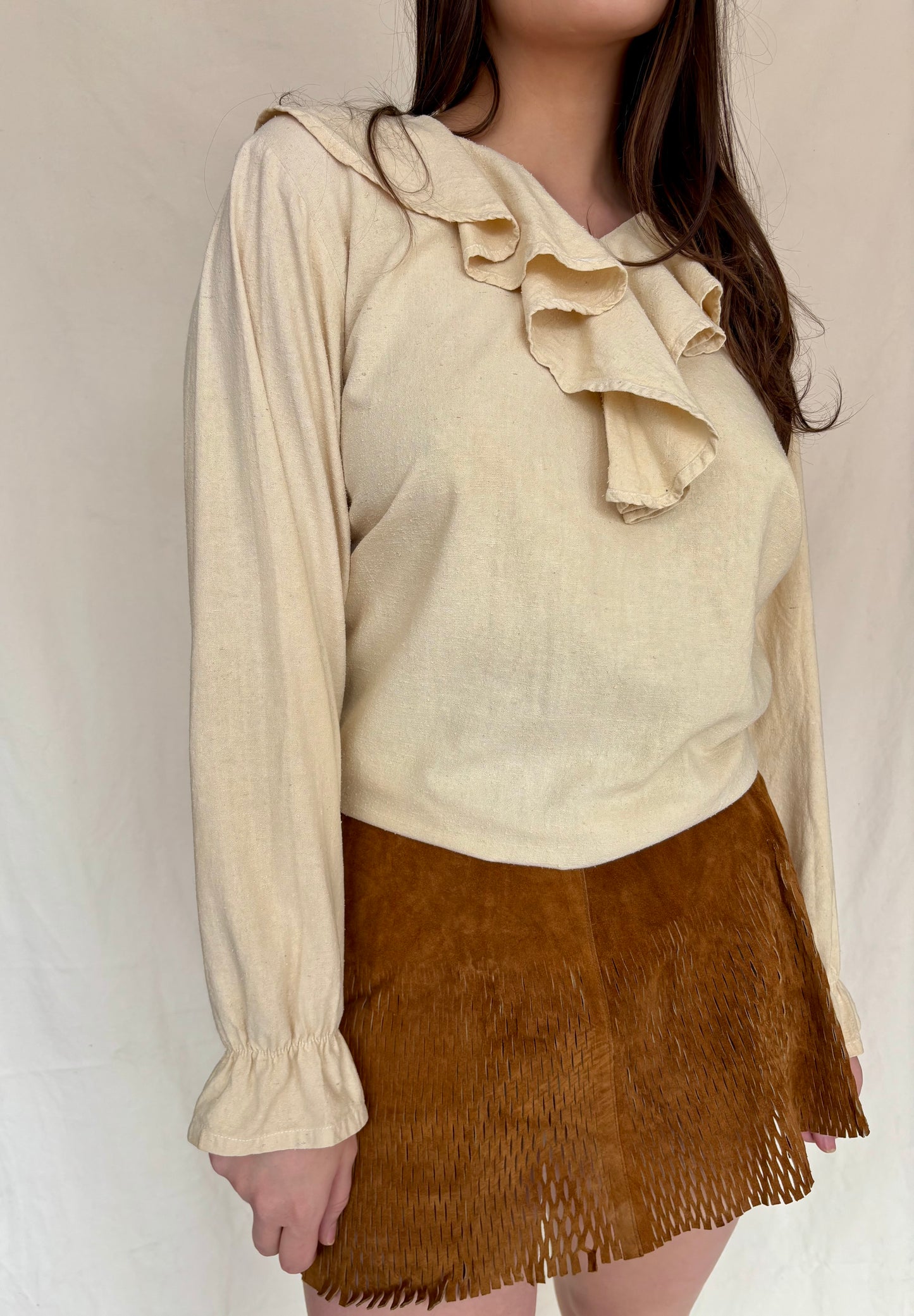 90s raw silk cream ruffle/prairie blouse