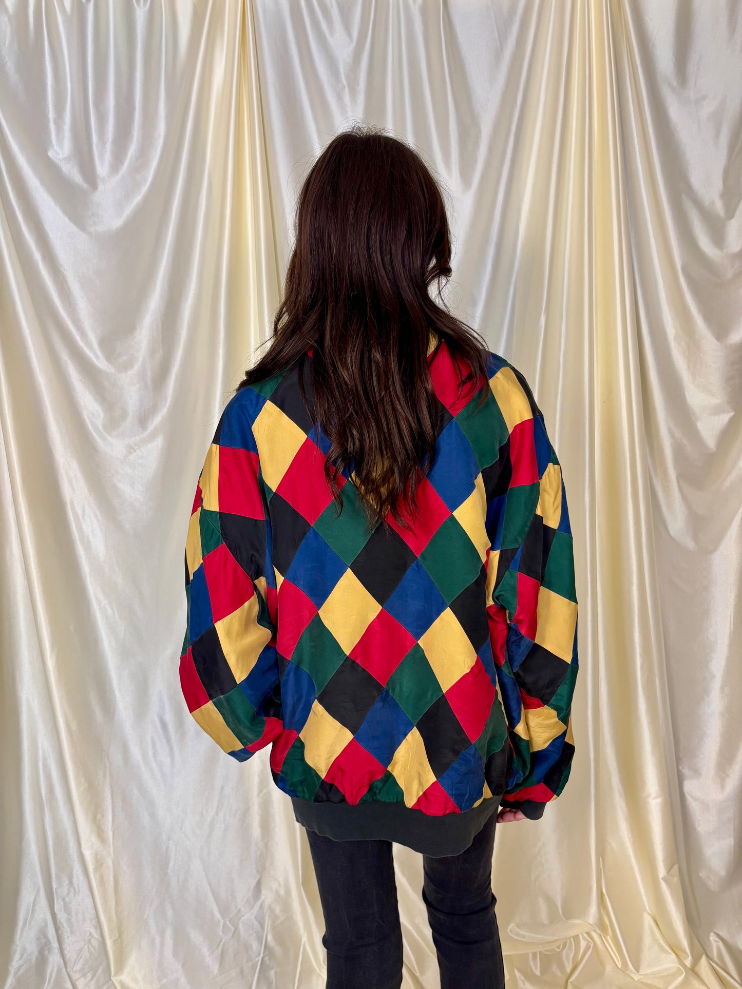Silk harlequin bomber jacket