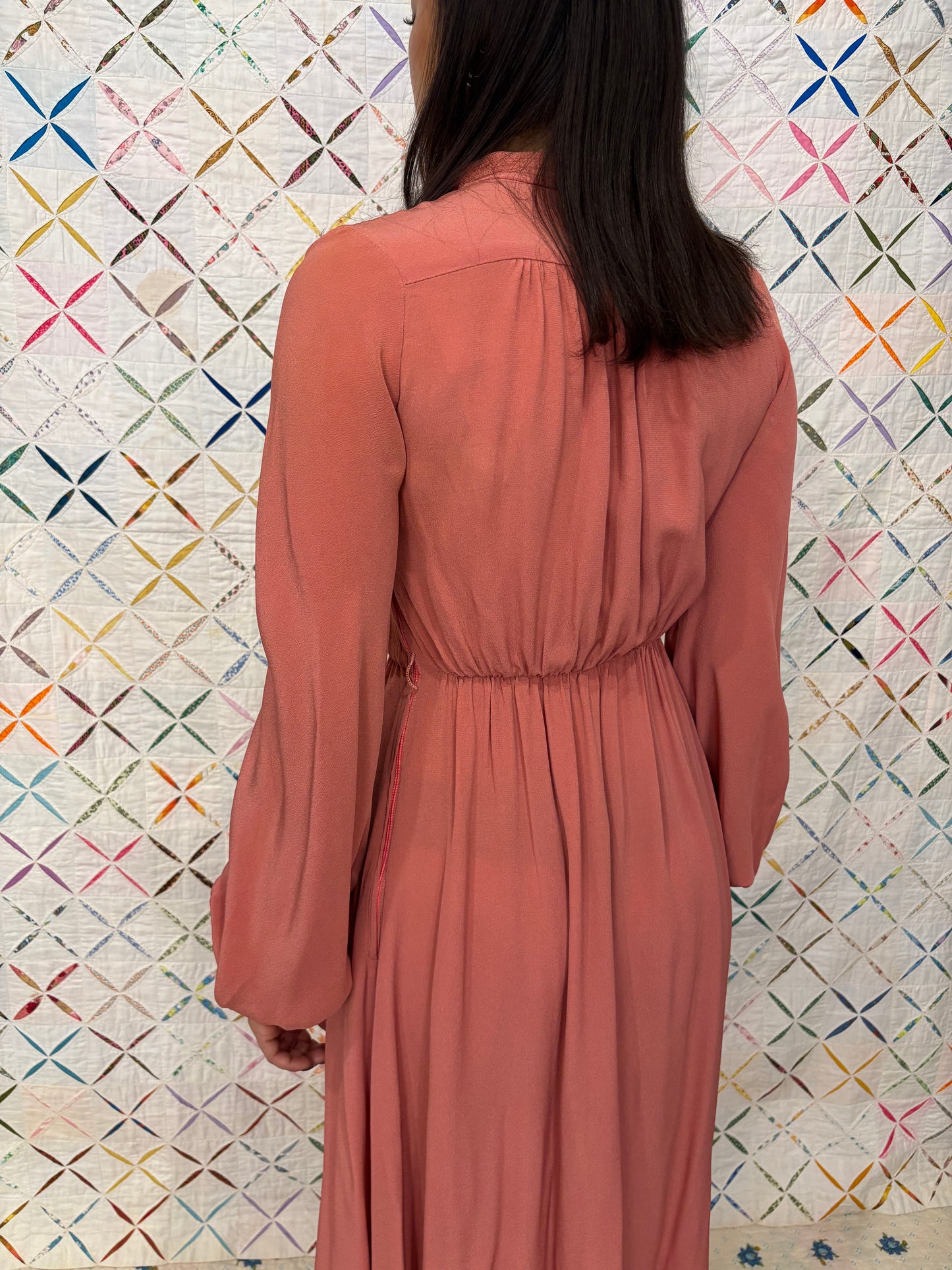 70s rose coloured maxi dress with bishop sleeves