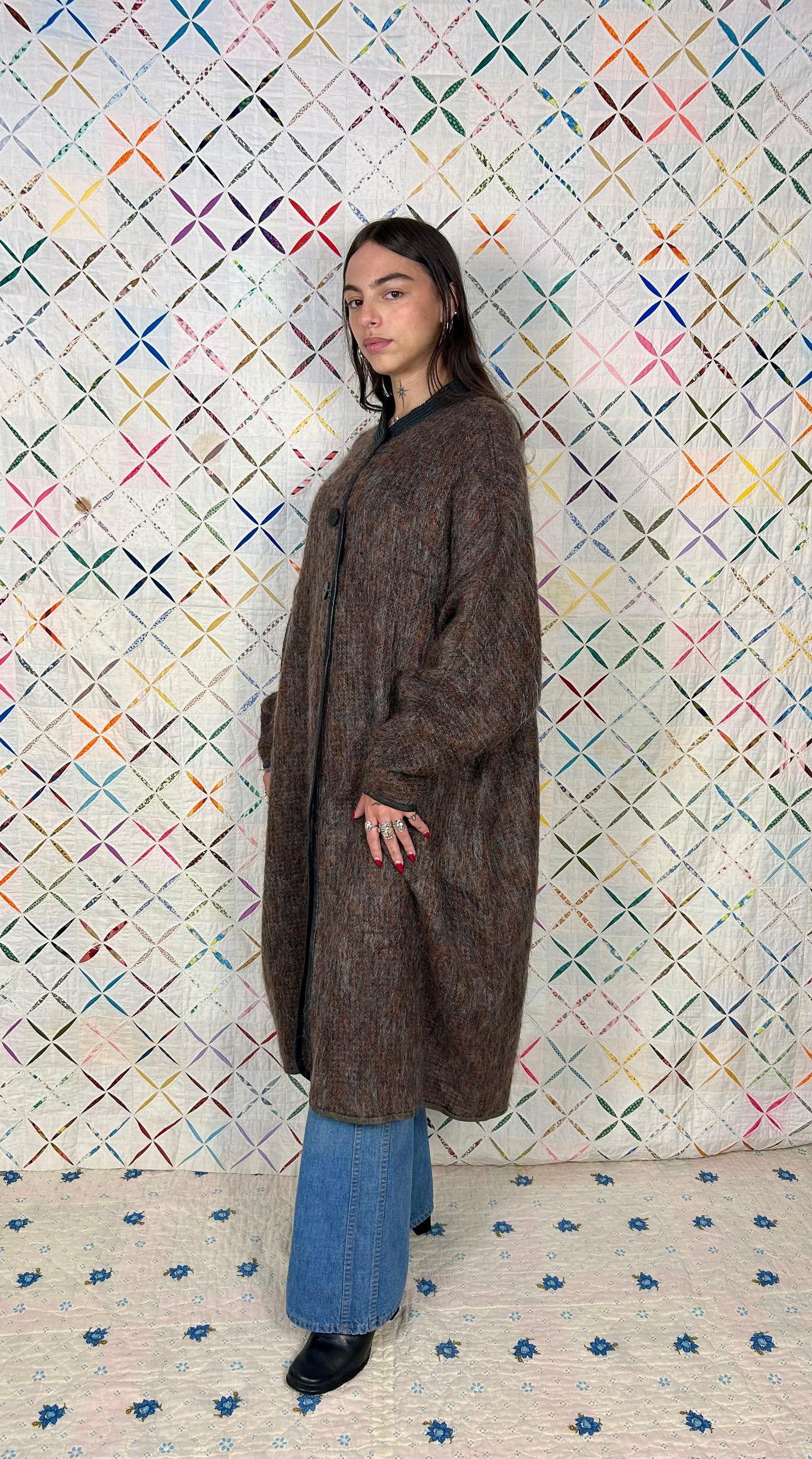Mohair duster with leather trim