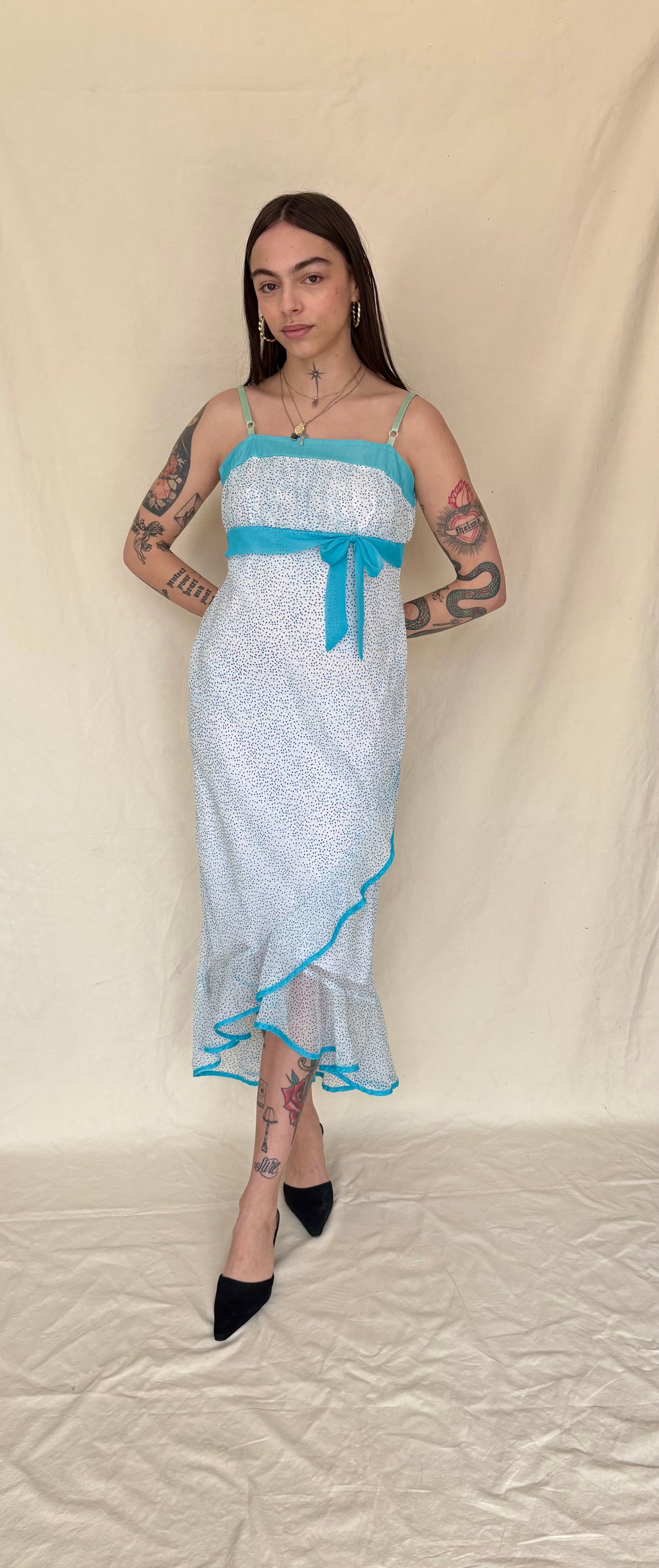 Y2K blue polka dot bias cut ruffle dress