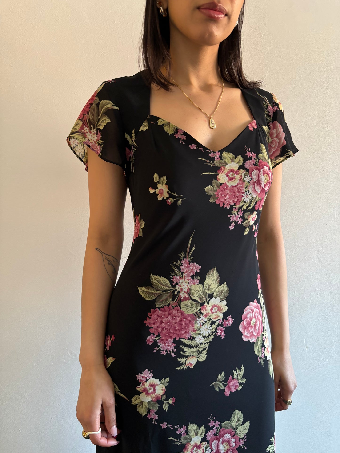 90s floral bias cut dress sweetheart neckline