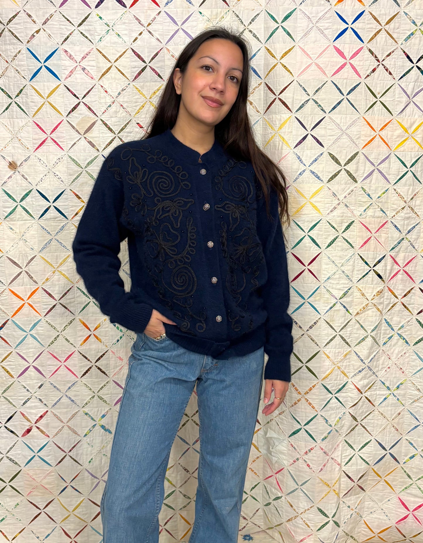 Embroidered Angora Cardigan