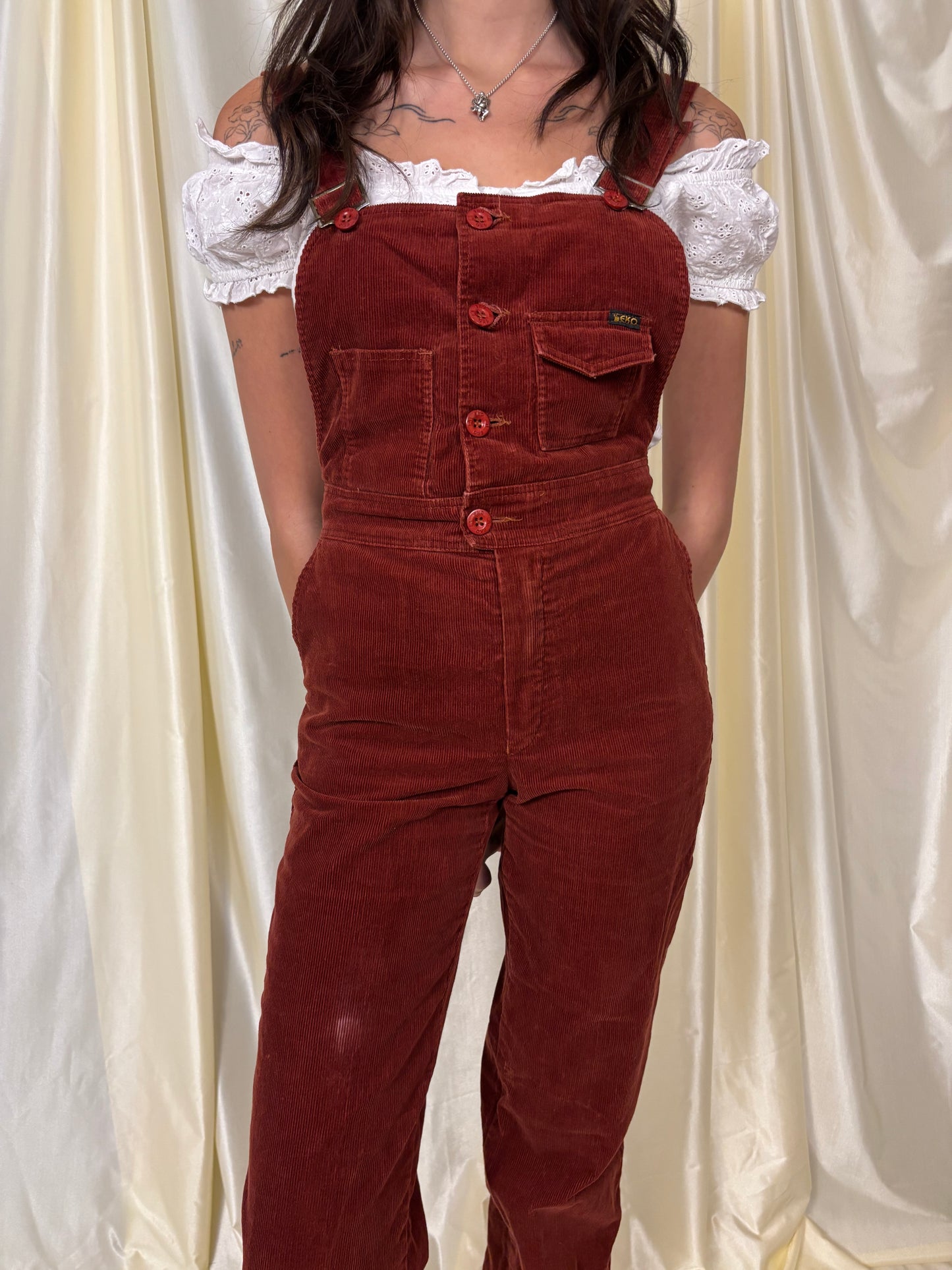 1970s burgundy corduroy overalls