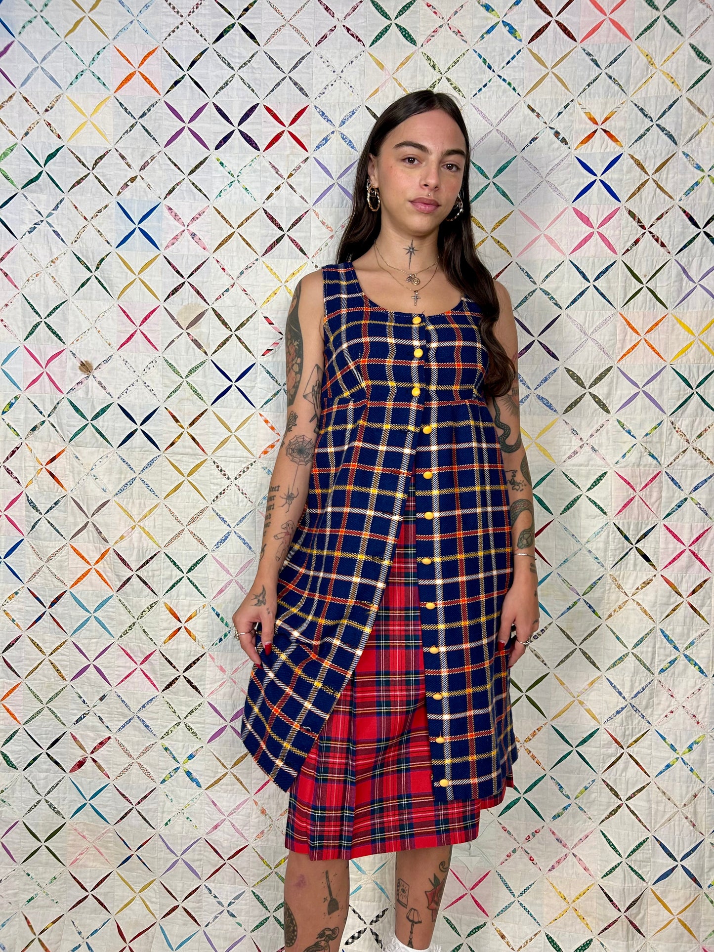 Blue plaid pinafore; empire waist