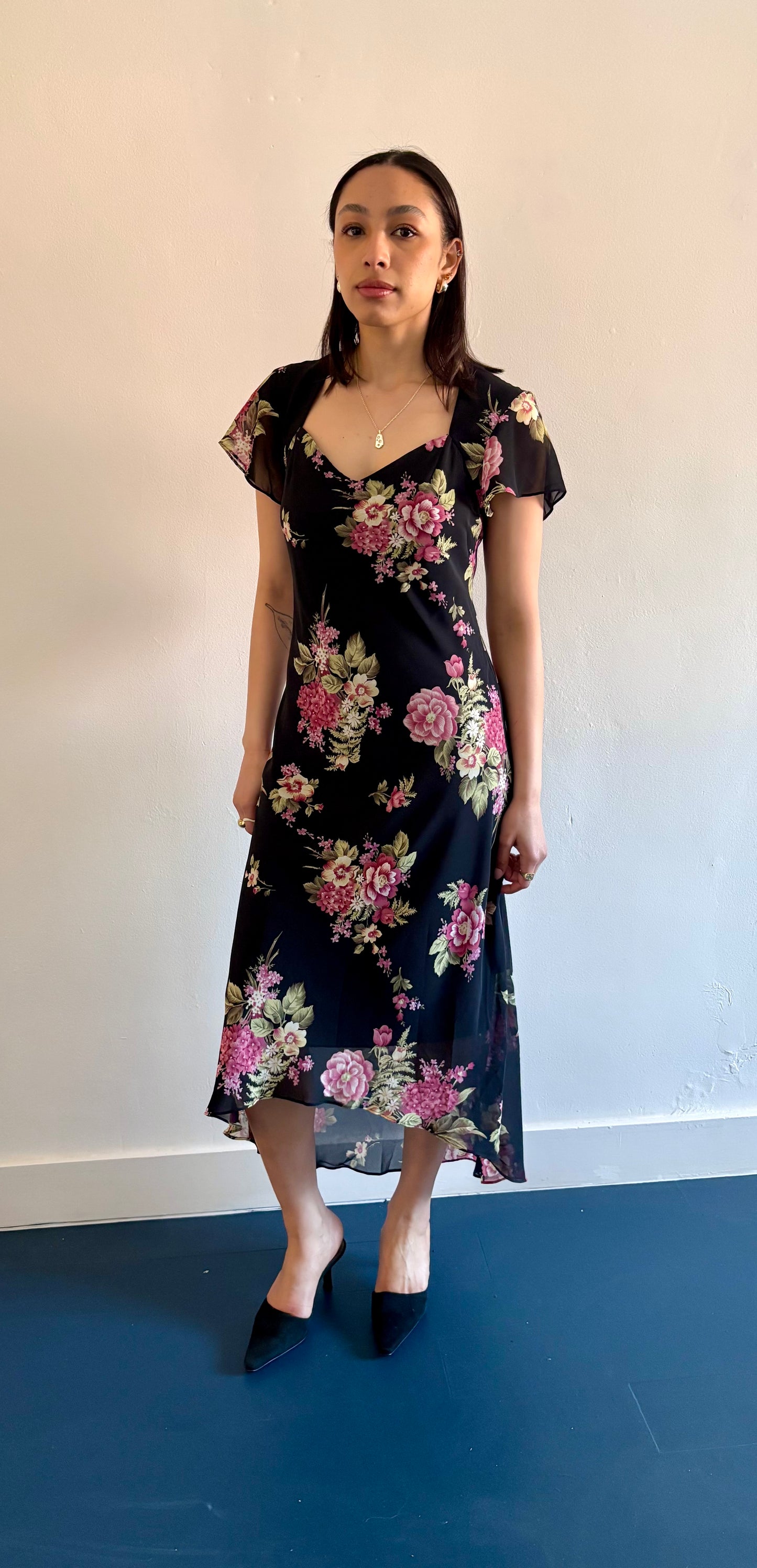 90s floral bias cut dress sweetheart neckline
