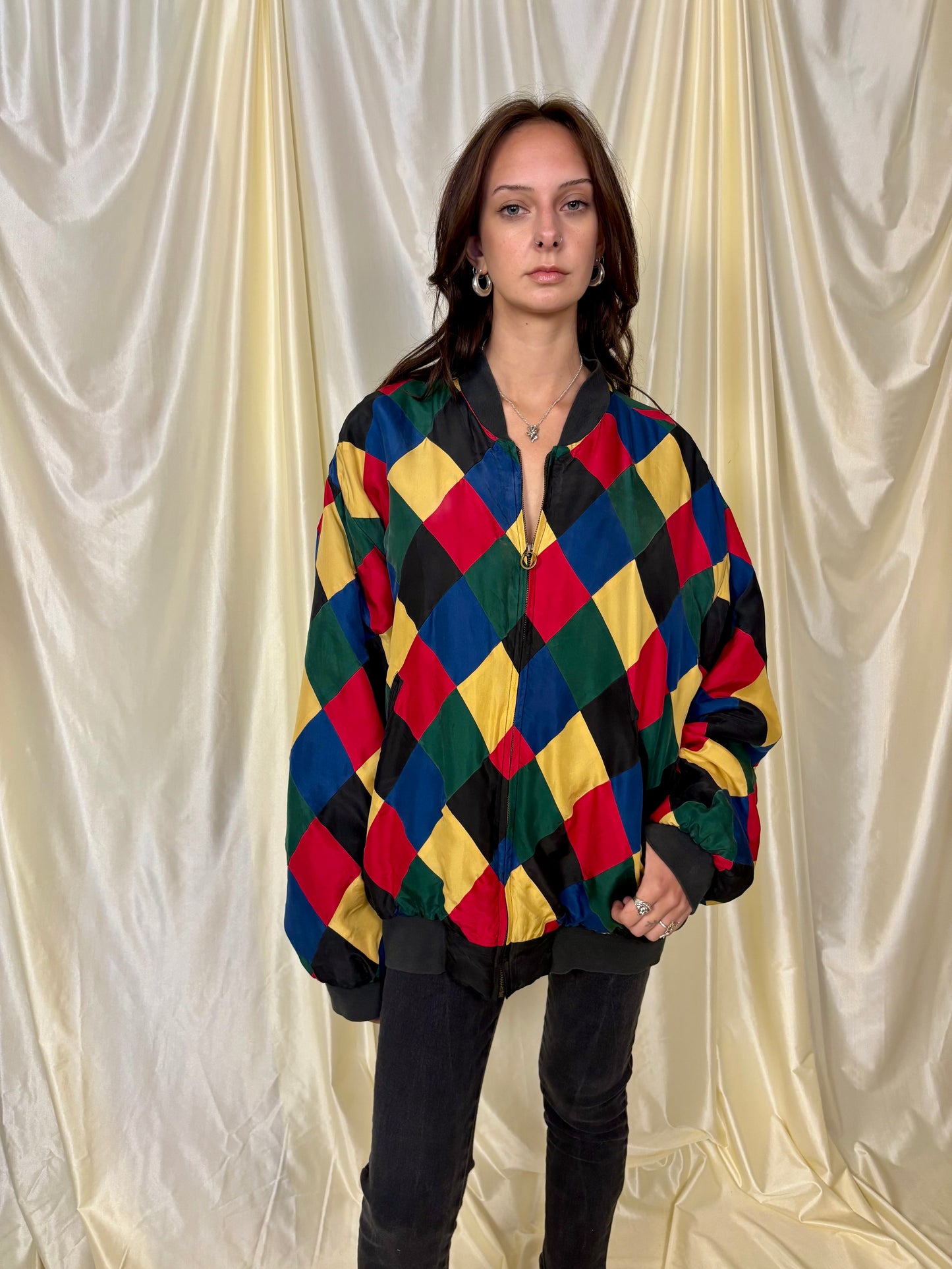 Silk harlequin bomber jacket
