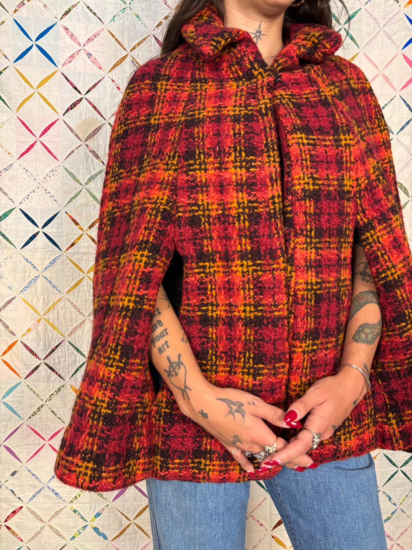 Red & orange plaid wool poncho