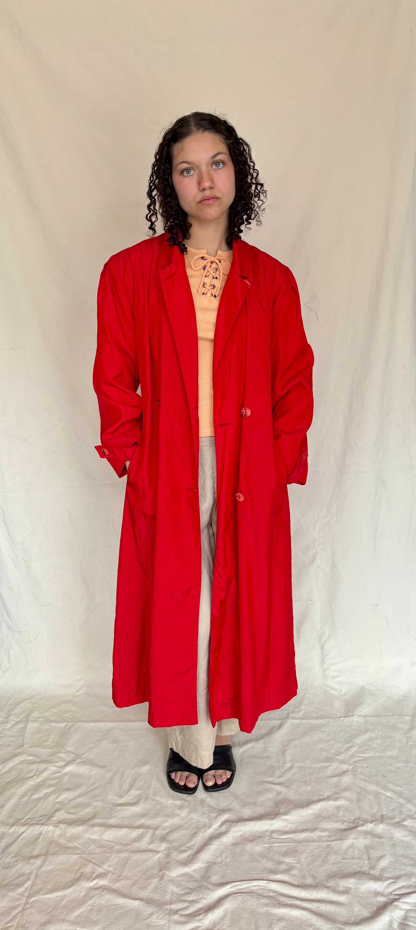 Classic tomato red trench coat
