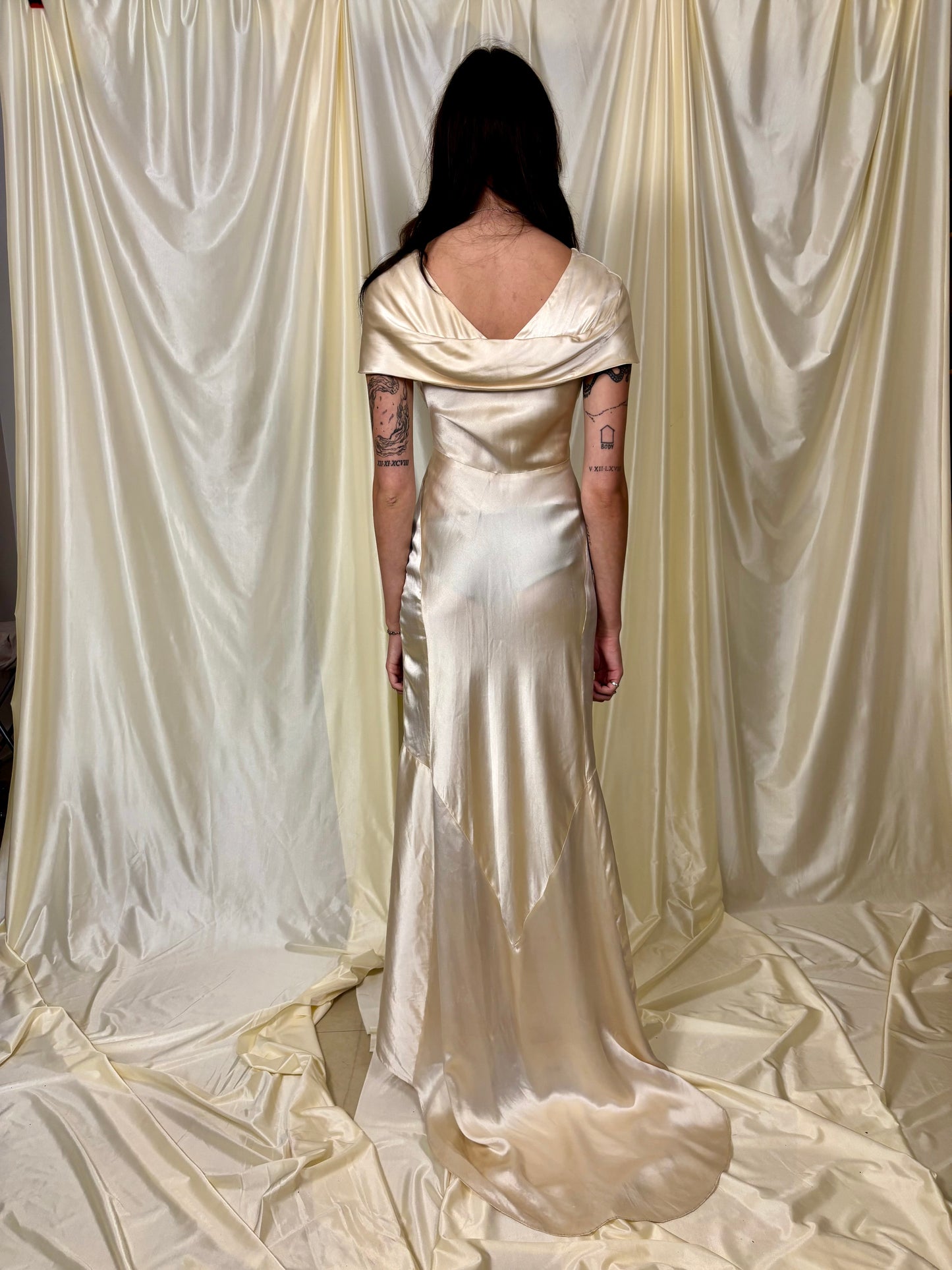 1920s/30s satin bias cut wedding gown with train