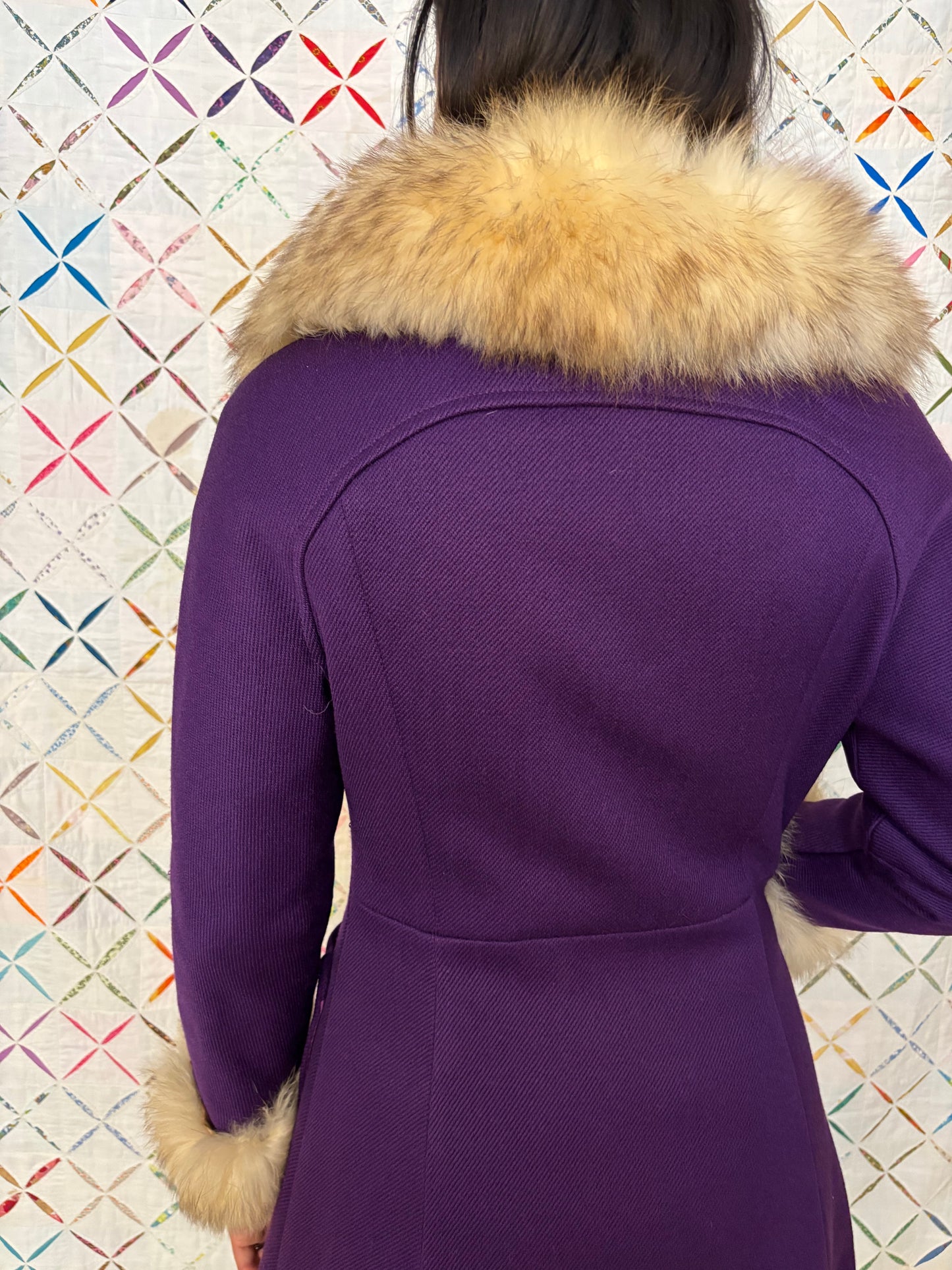 Purple wool jacket with fox fur trim