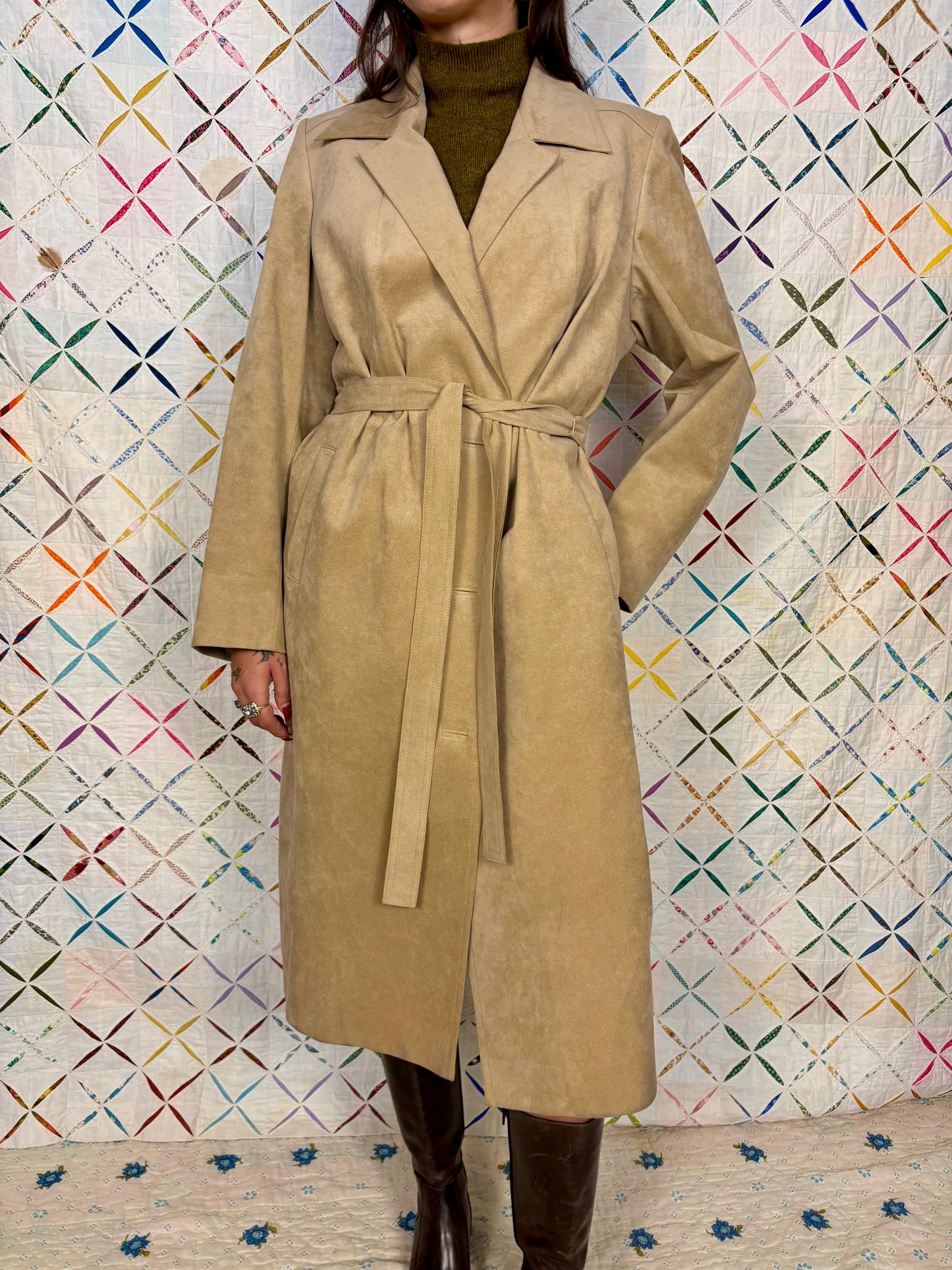 Microsuede tan trench coat
