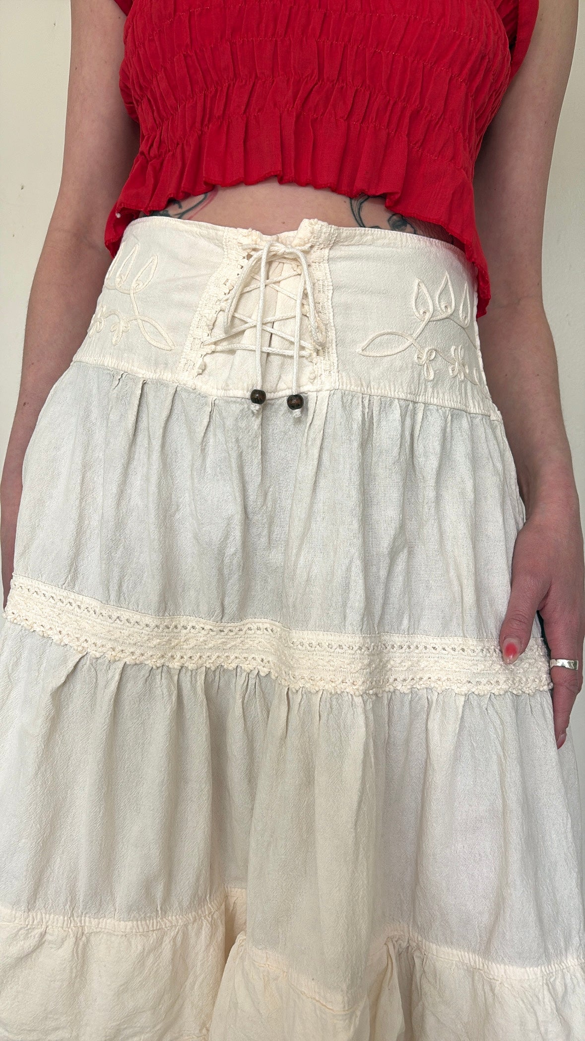 White cotton lace up skirt