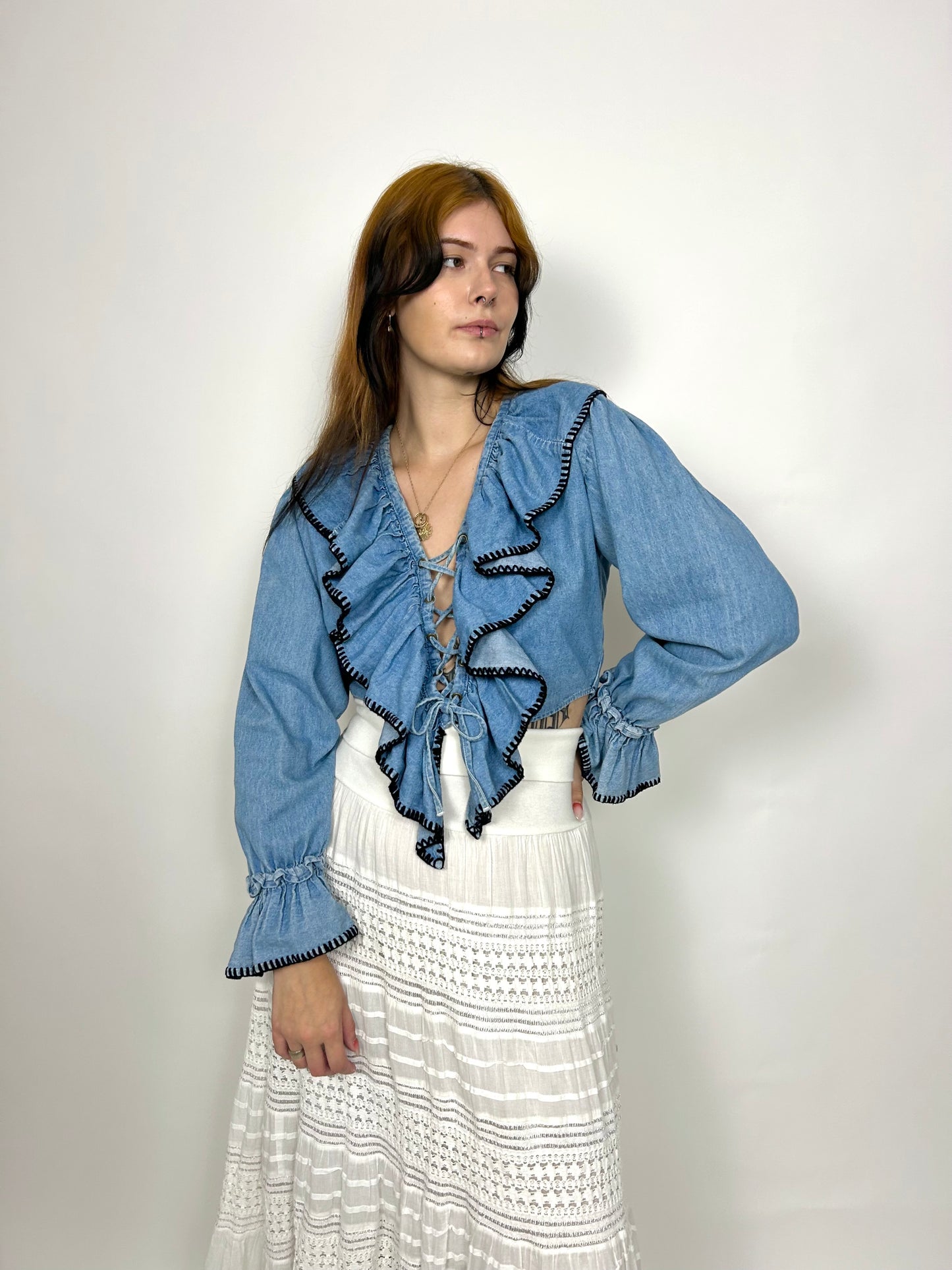 90s Romantic Denim Ruffle Top