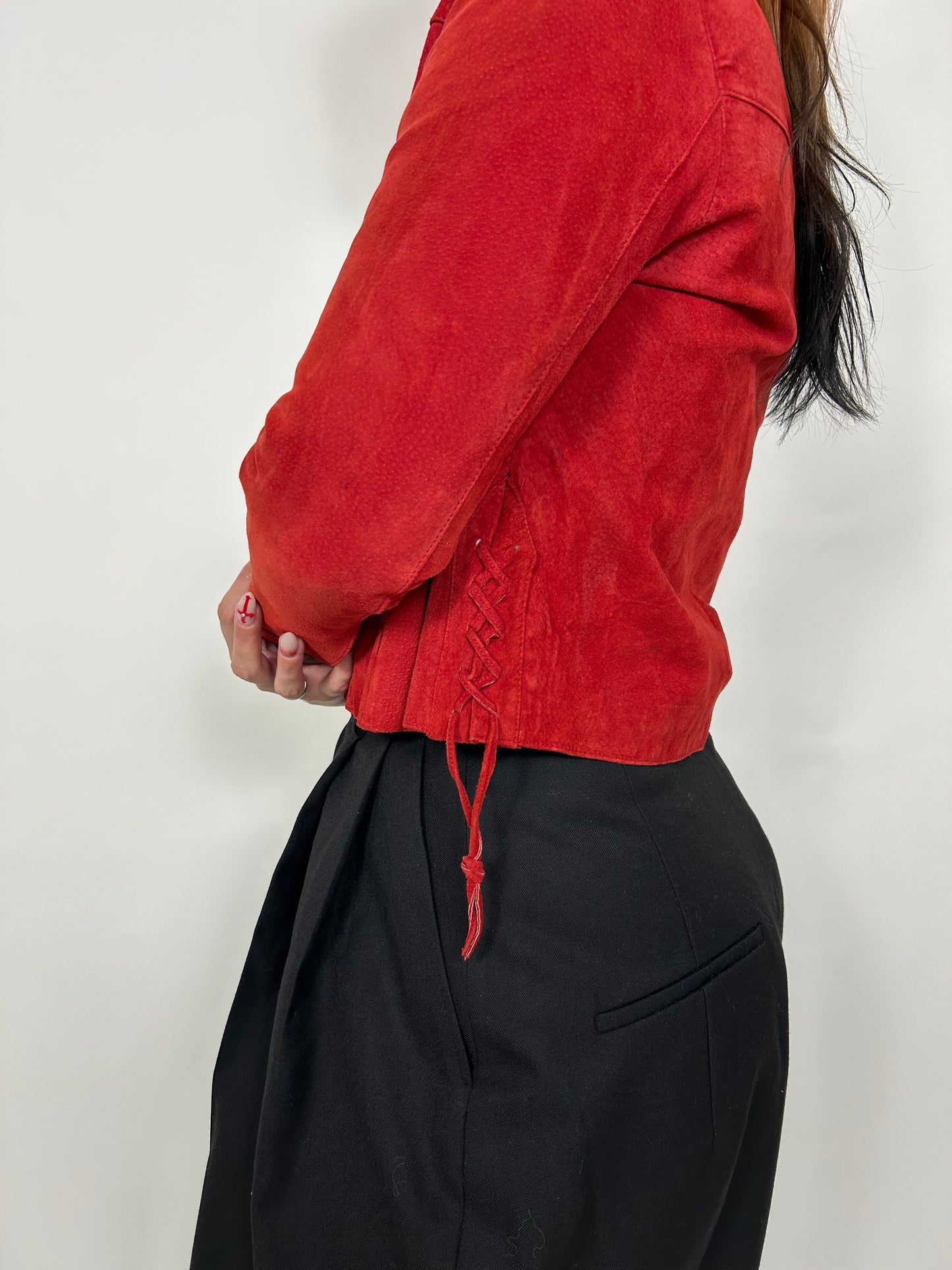 Y2K Red Suede Jacket, side lacing