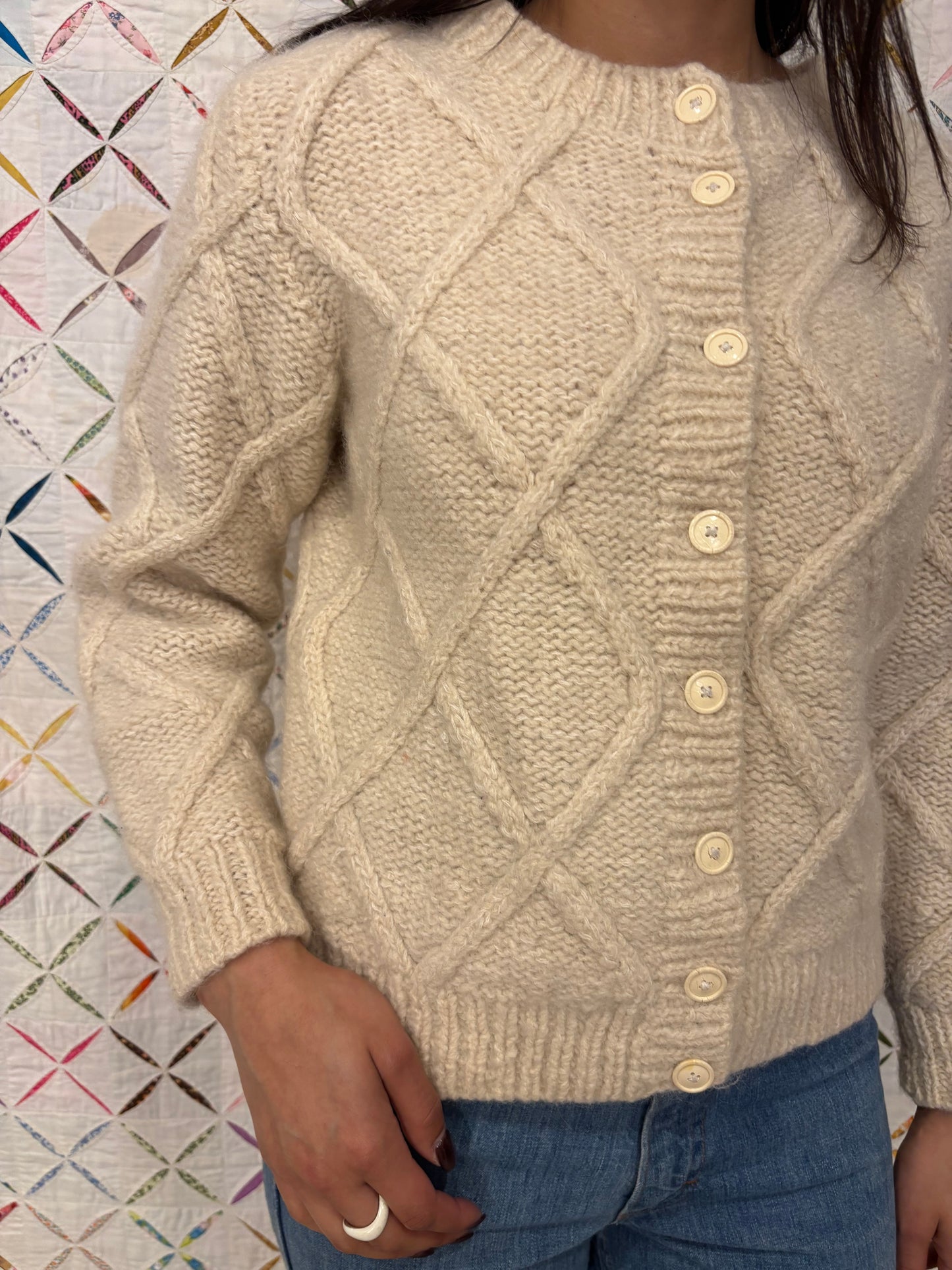 Cream Textured Argyle Cardigan