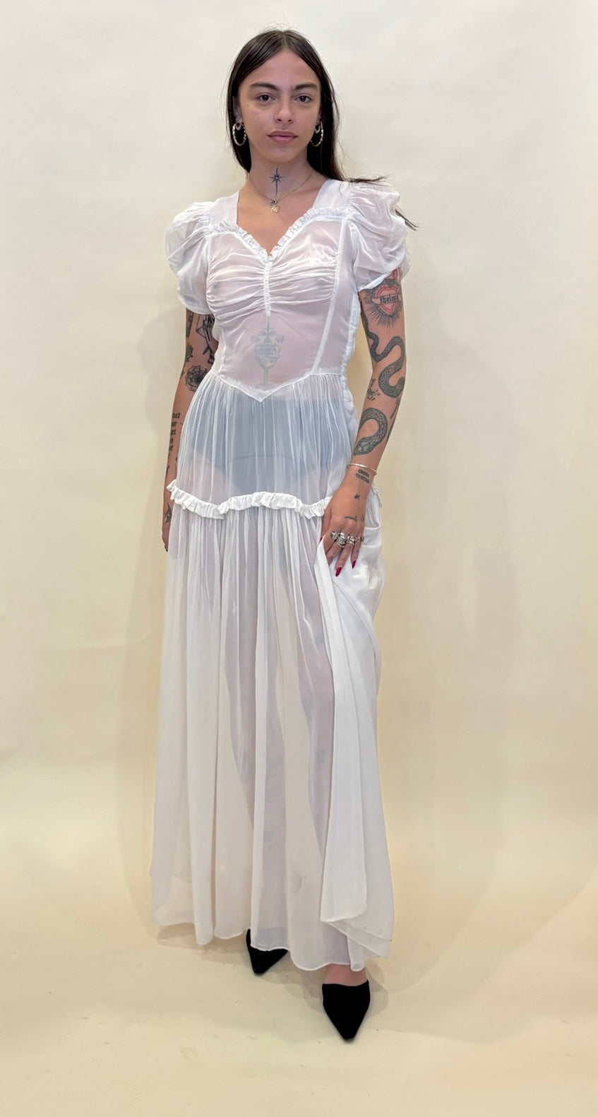 1930s white sheer button gown