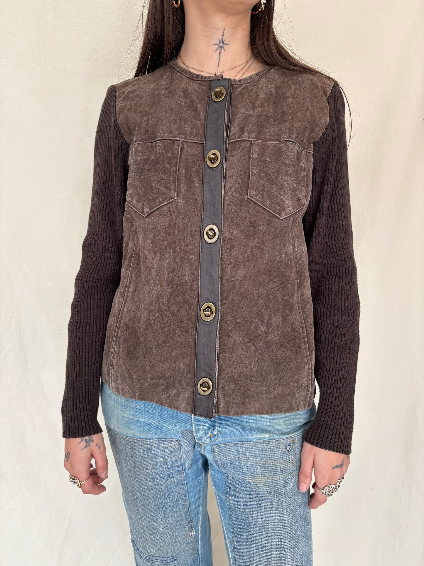 Brown suede y2k top with metal clasps