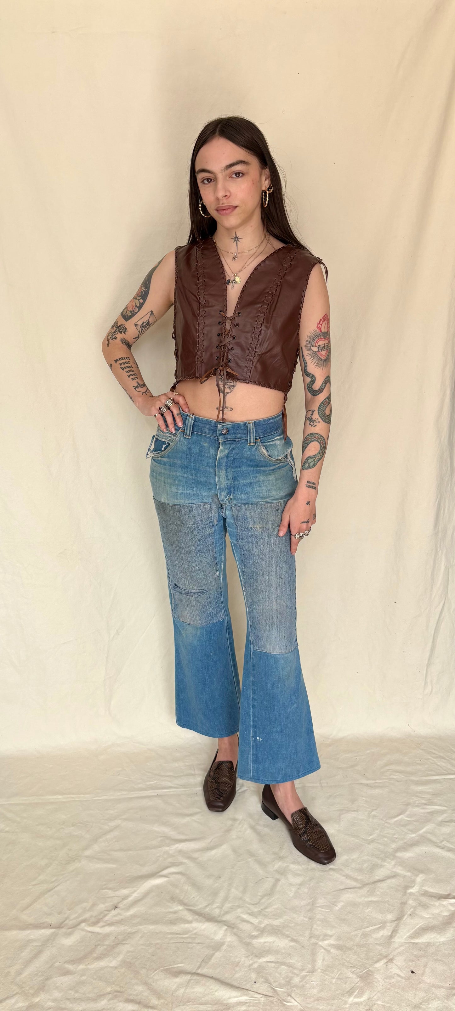 1970s brown leather patchwork vest