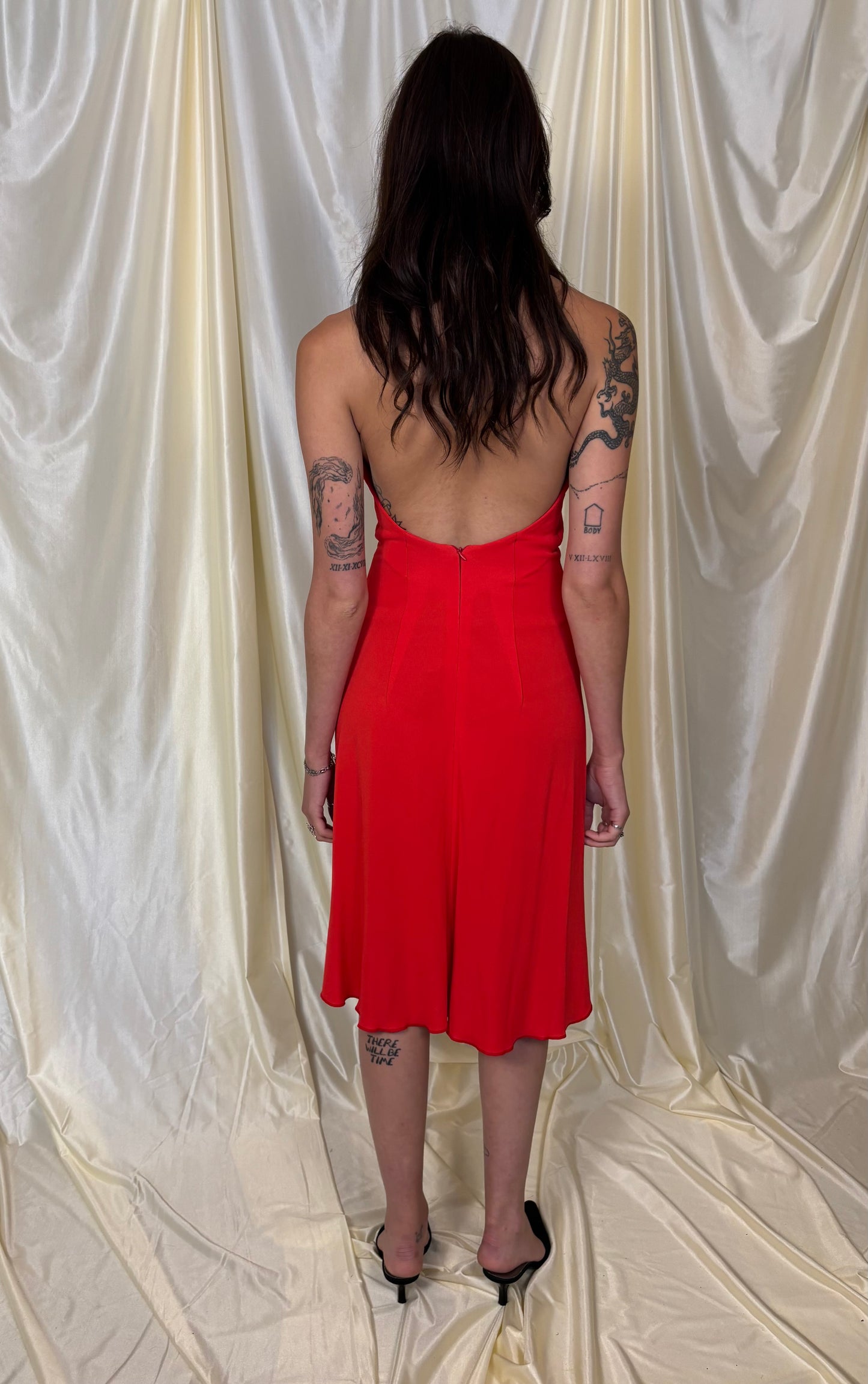 Y2K red ruffle halter dress