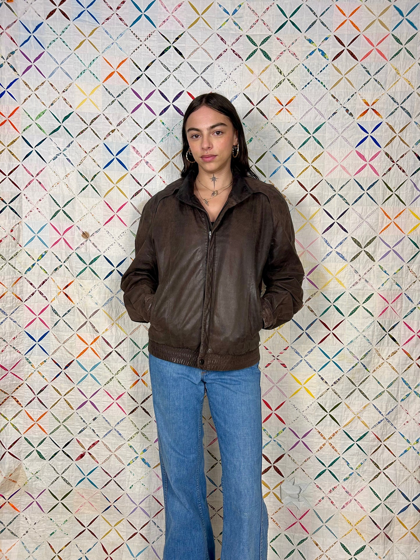 Brown leather bomber jacket