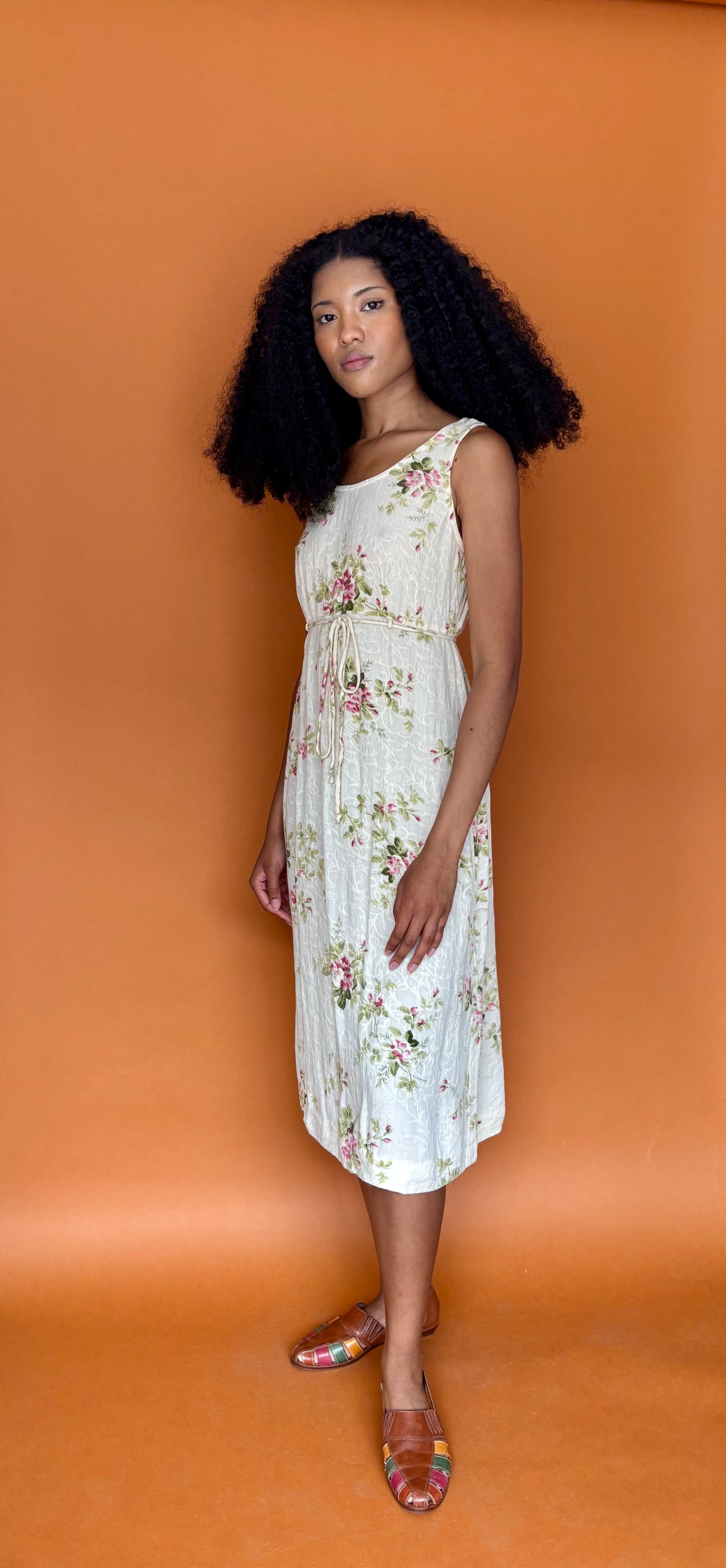 90s cream floral rayon midi dress