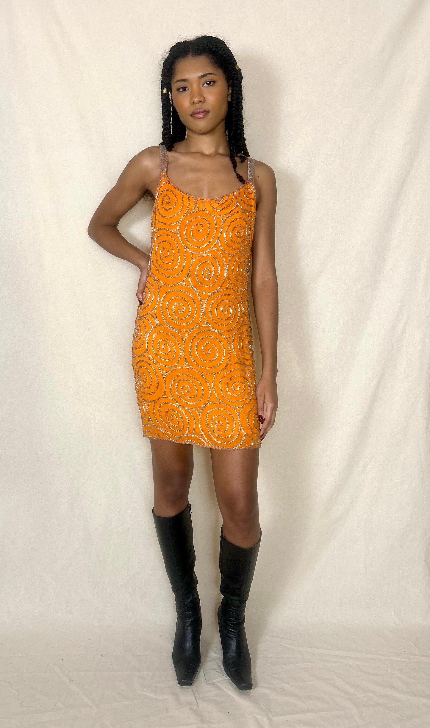 Orange silk beaded cocktail dress