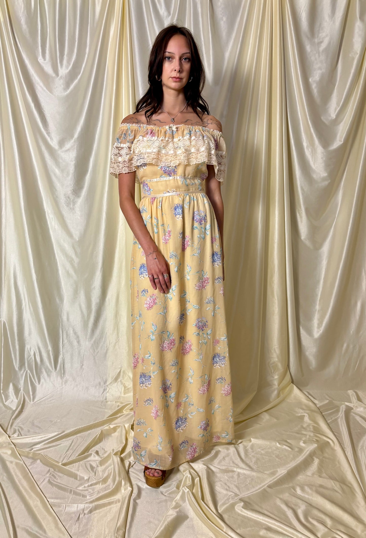 70s butter yellow prairie dress