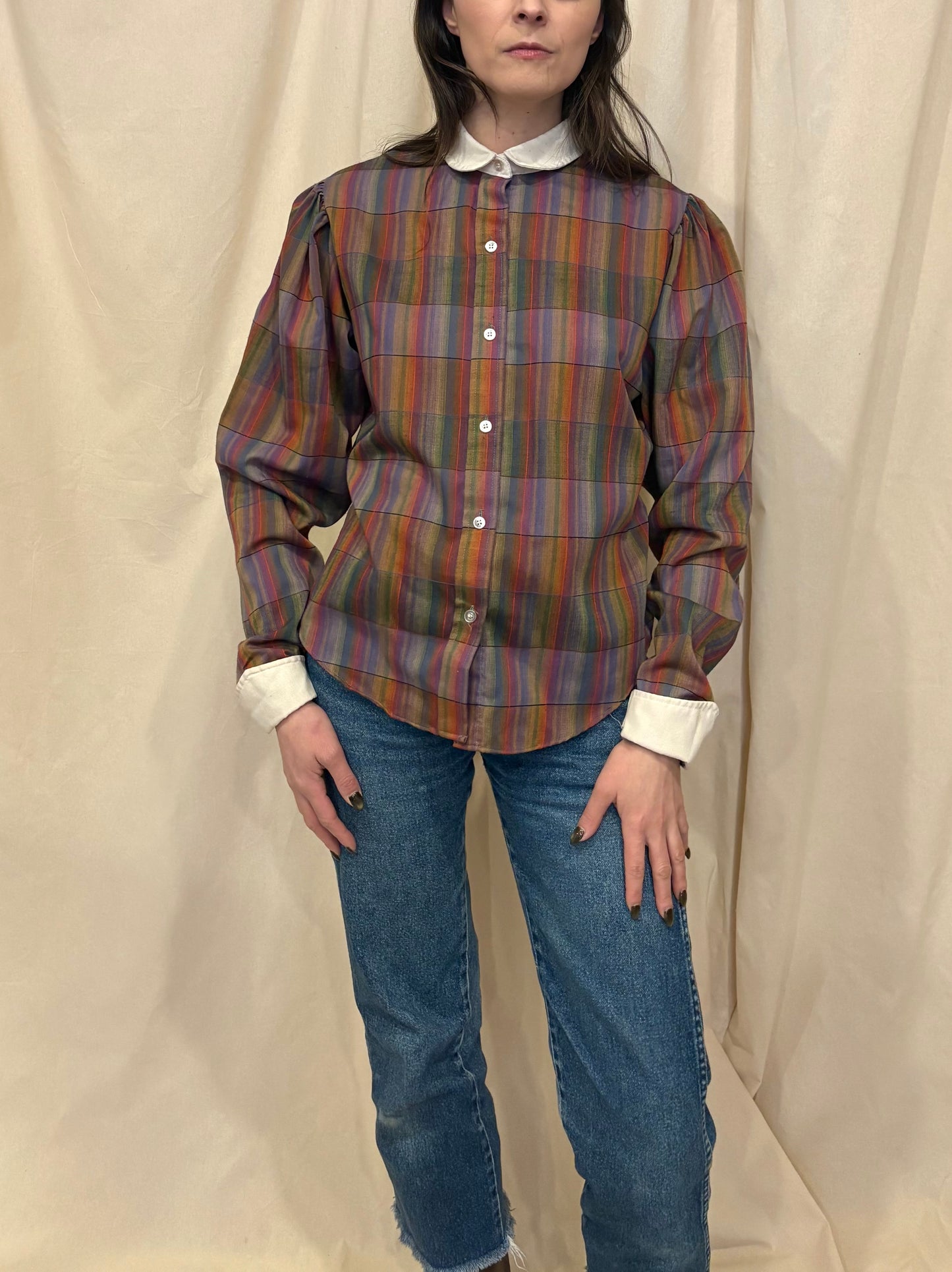 1970s Plaid Blouse with Puff Sleeves