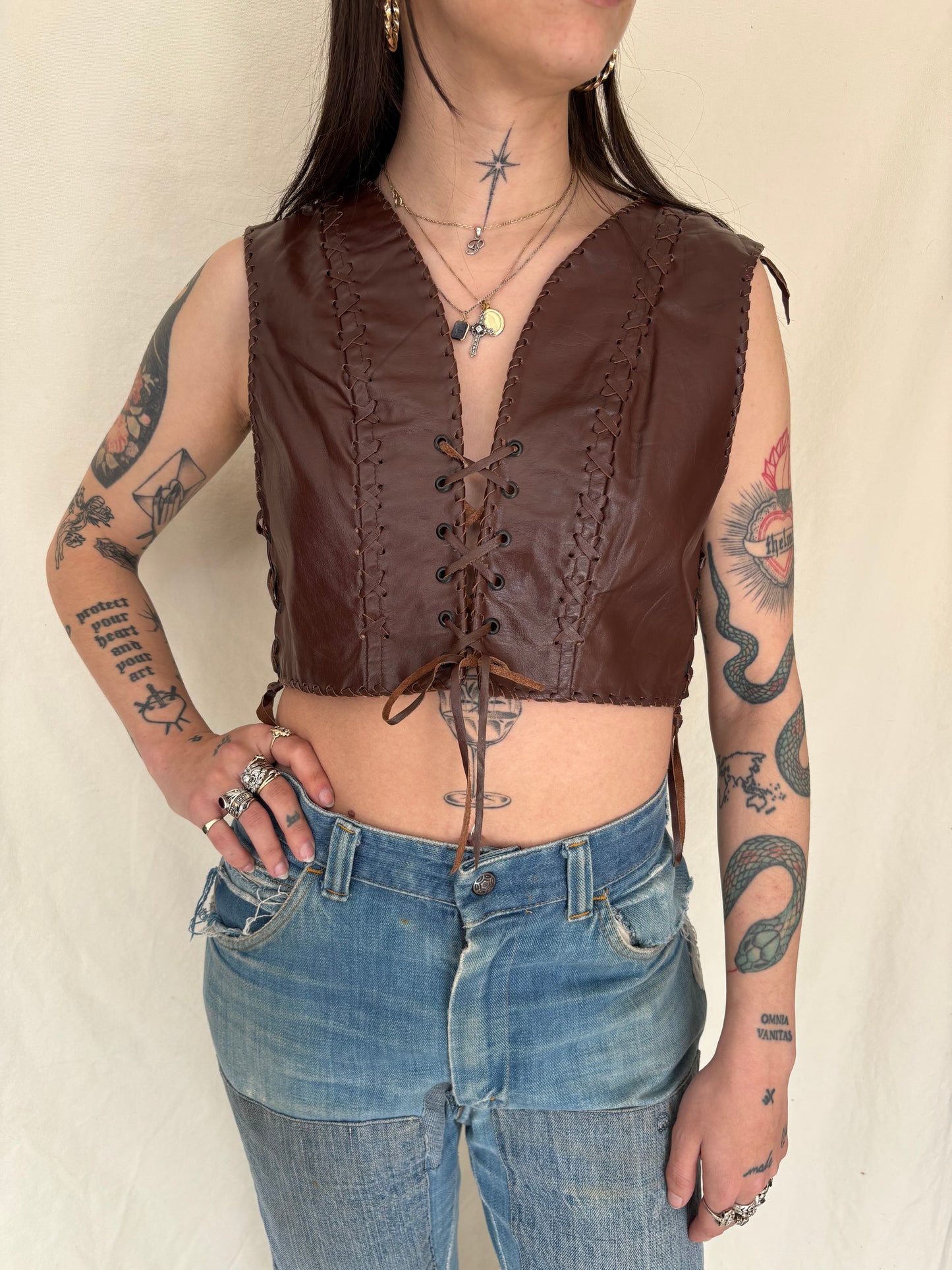 1970s brown leather patchwork vest