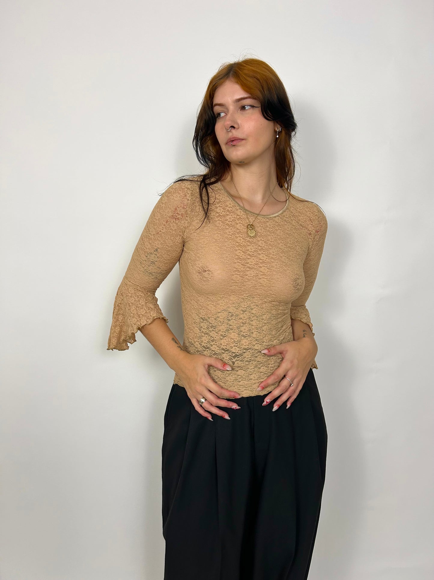 90s Nude Lace Top with Trumpet Sleeve