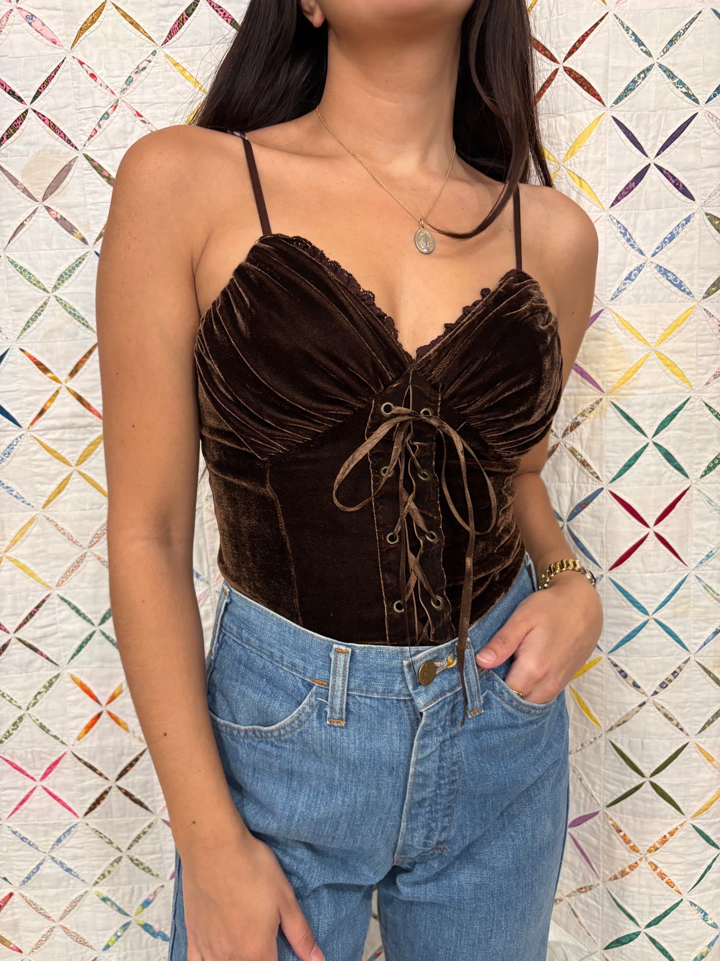 90s Brown Velvet Lace Up Top