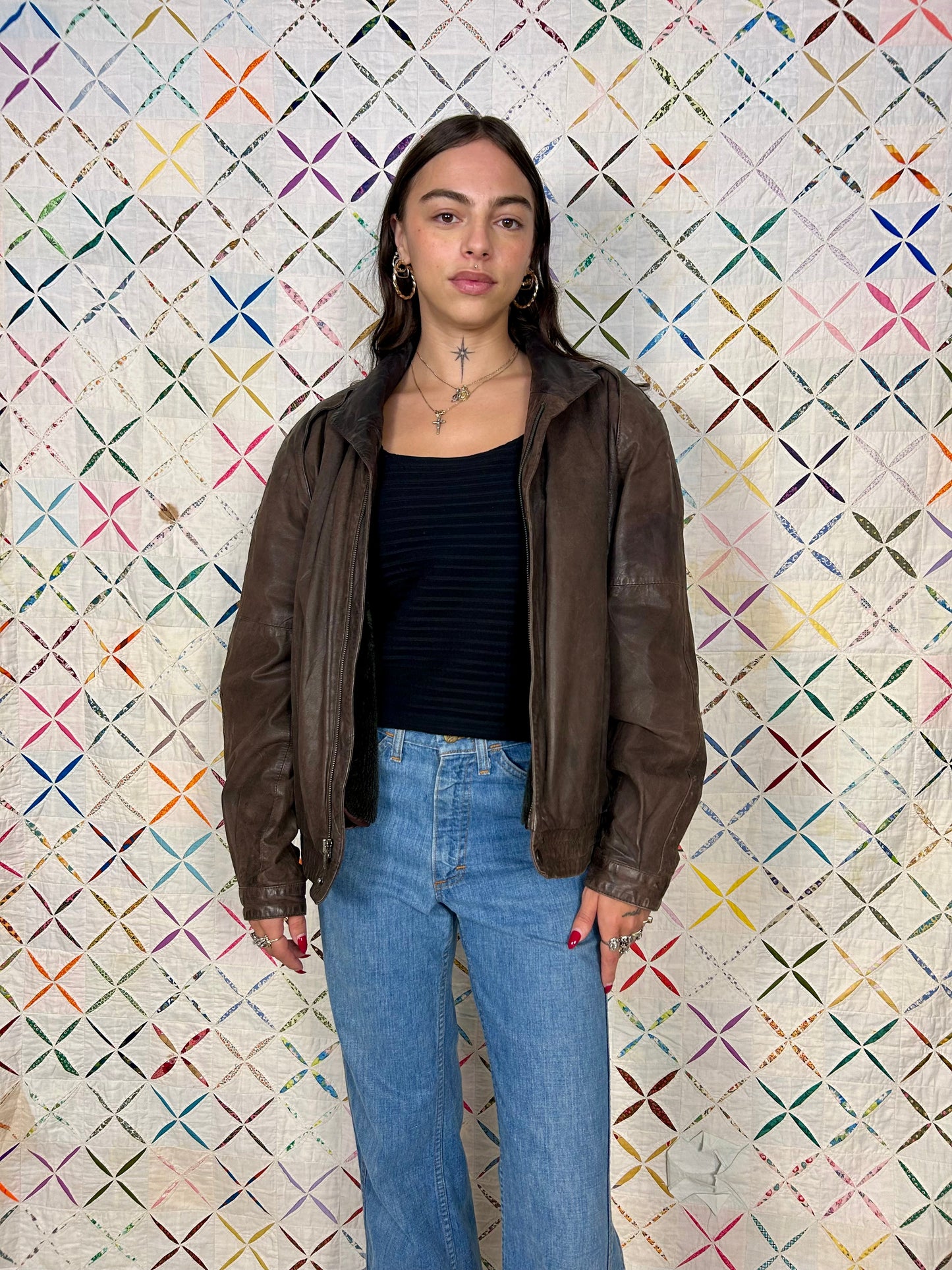 Brown leather bomber jacket