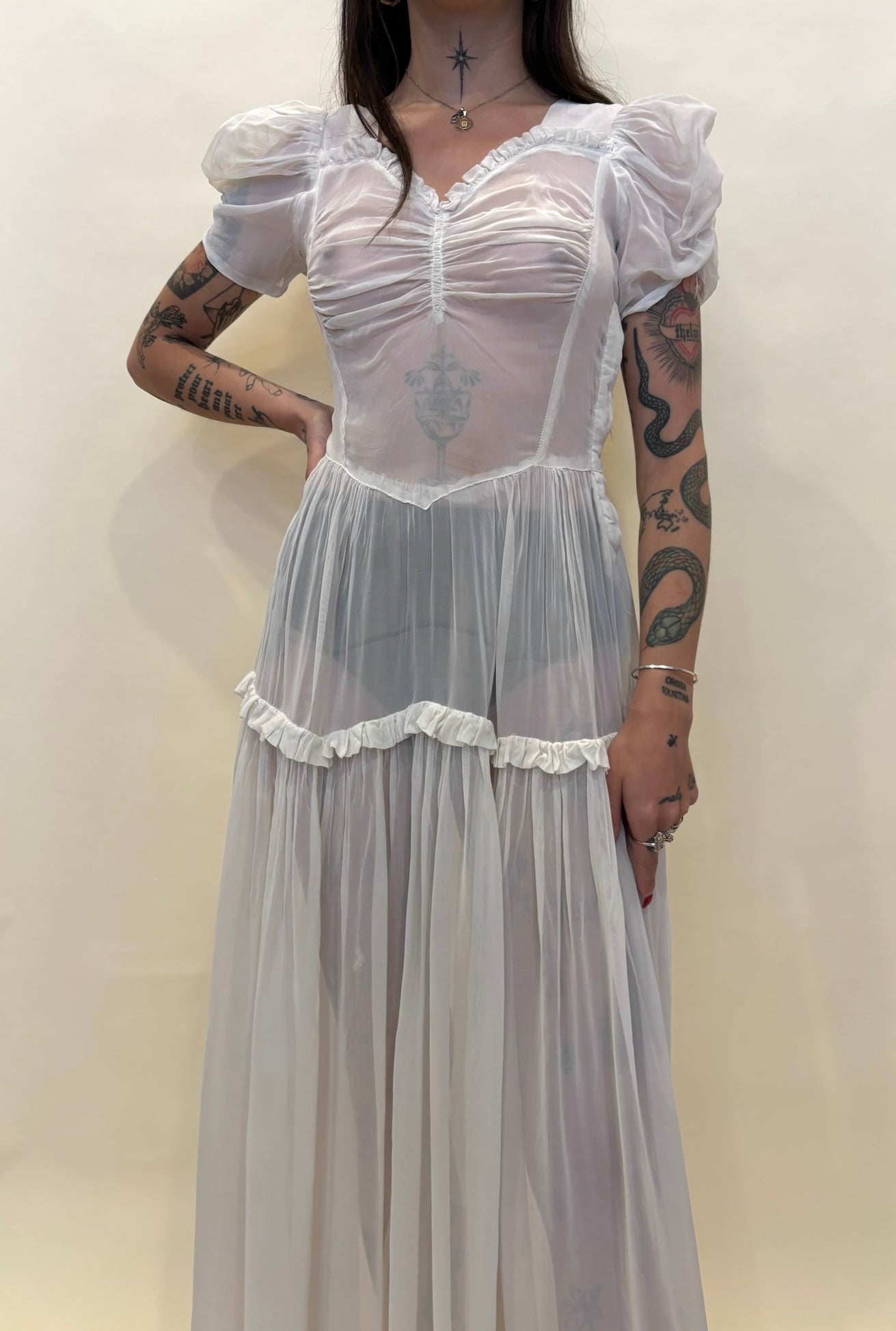 1930s white sheer button gown
