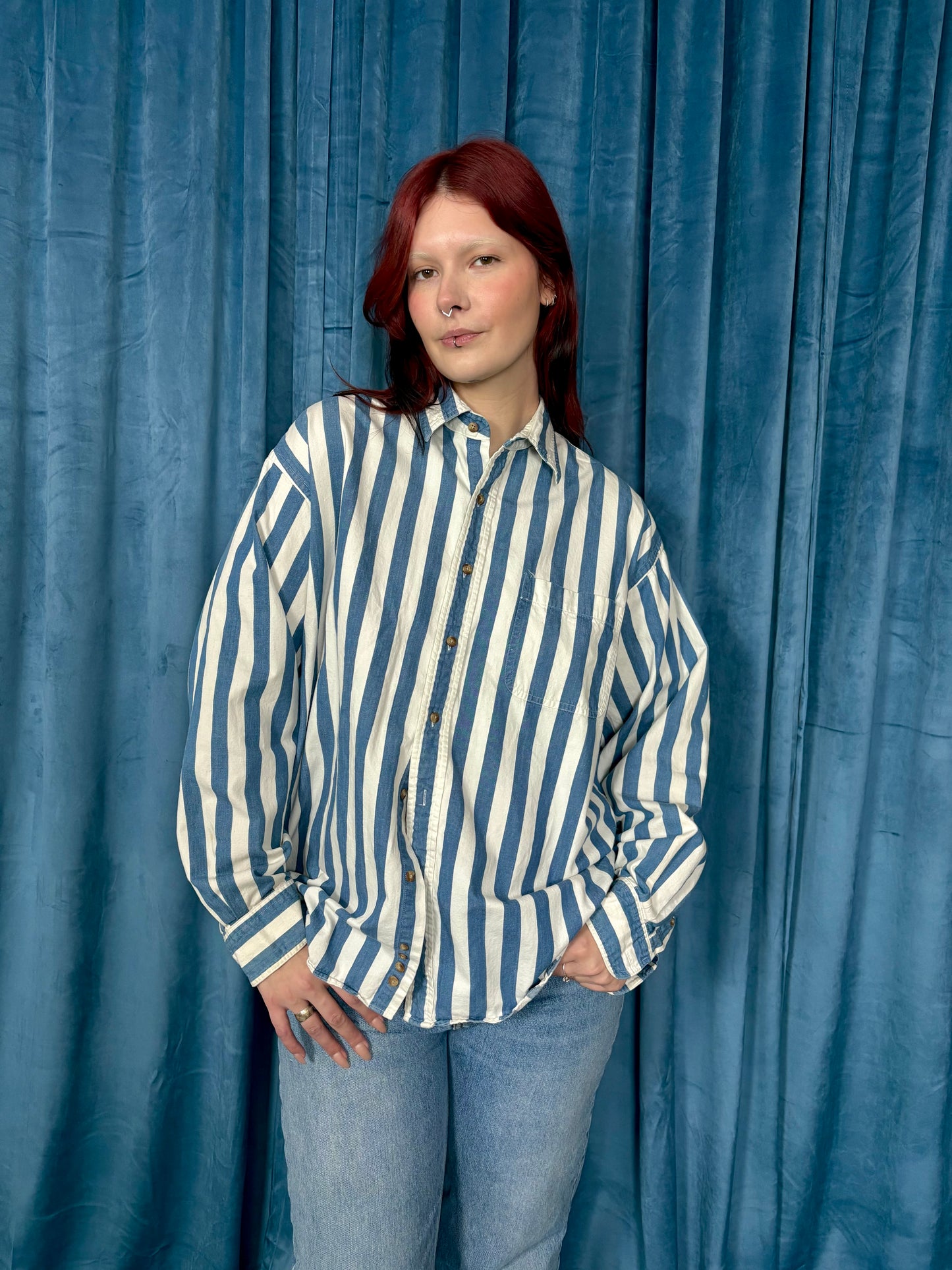 Blue & white striped denim overshirt