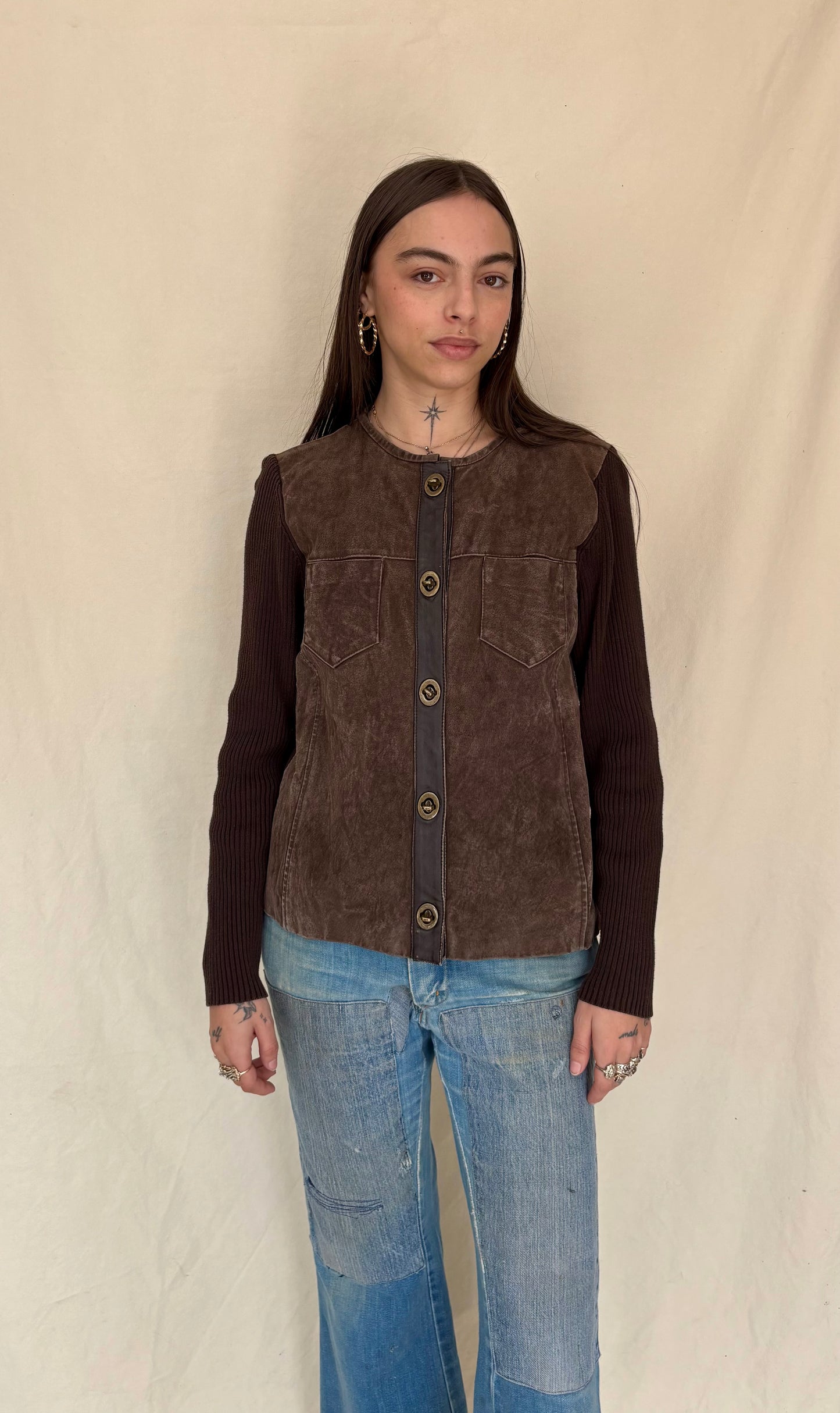 Brown suede y2k top with metal clasps