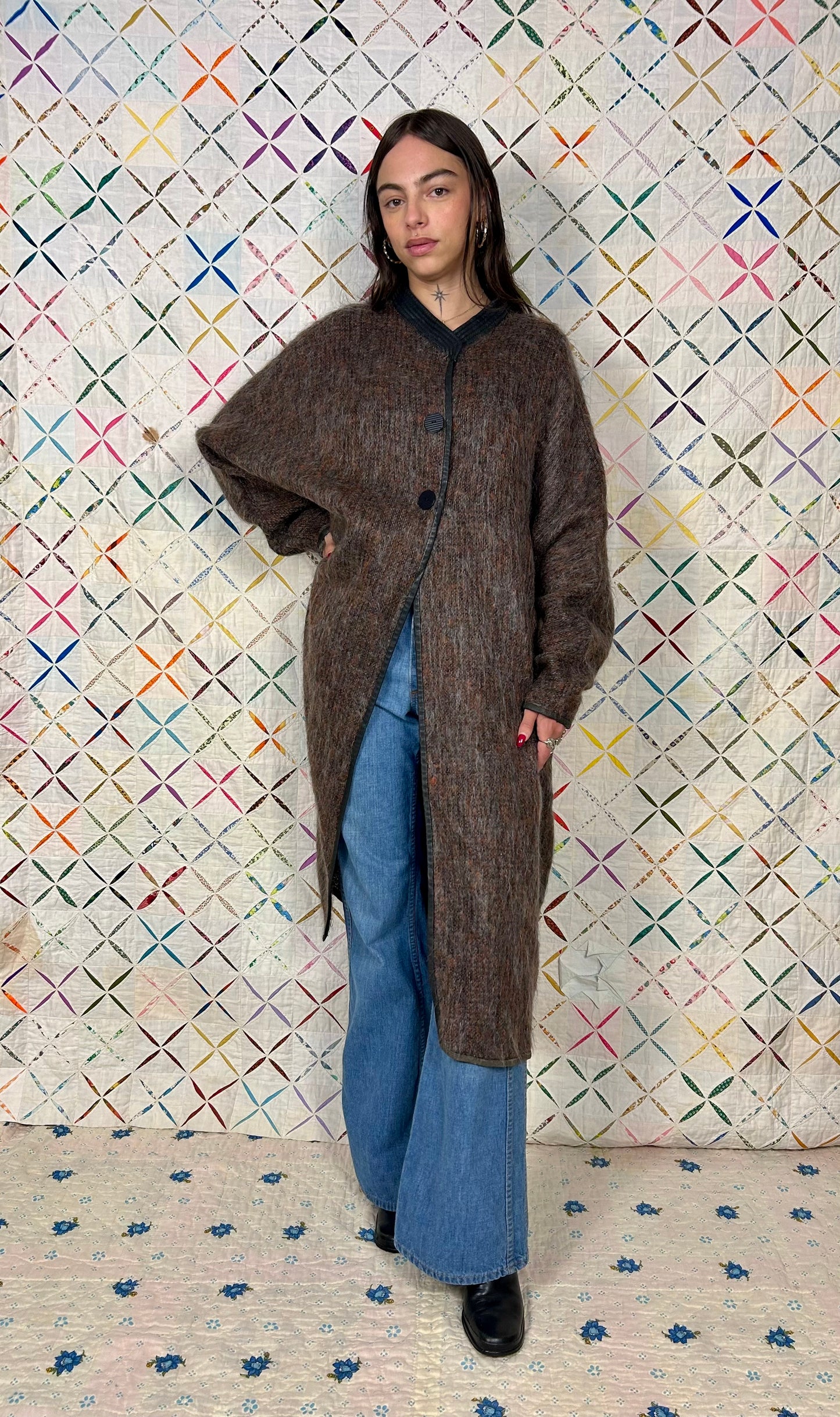 Mohair duster with leather trim