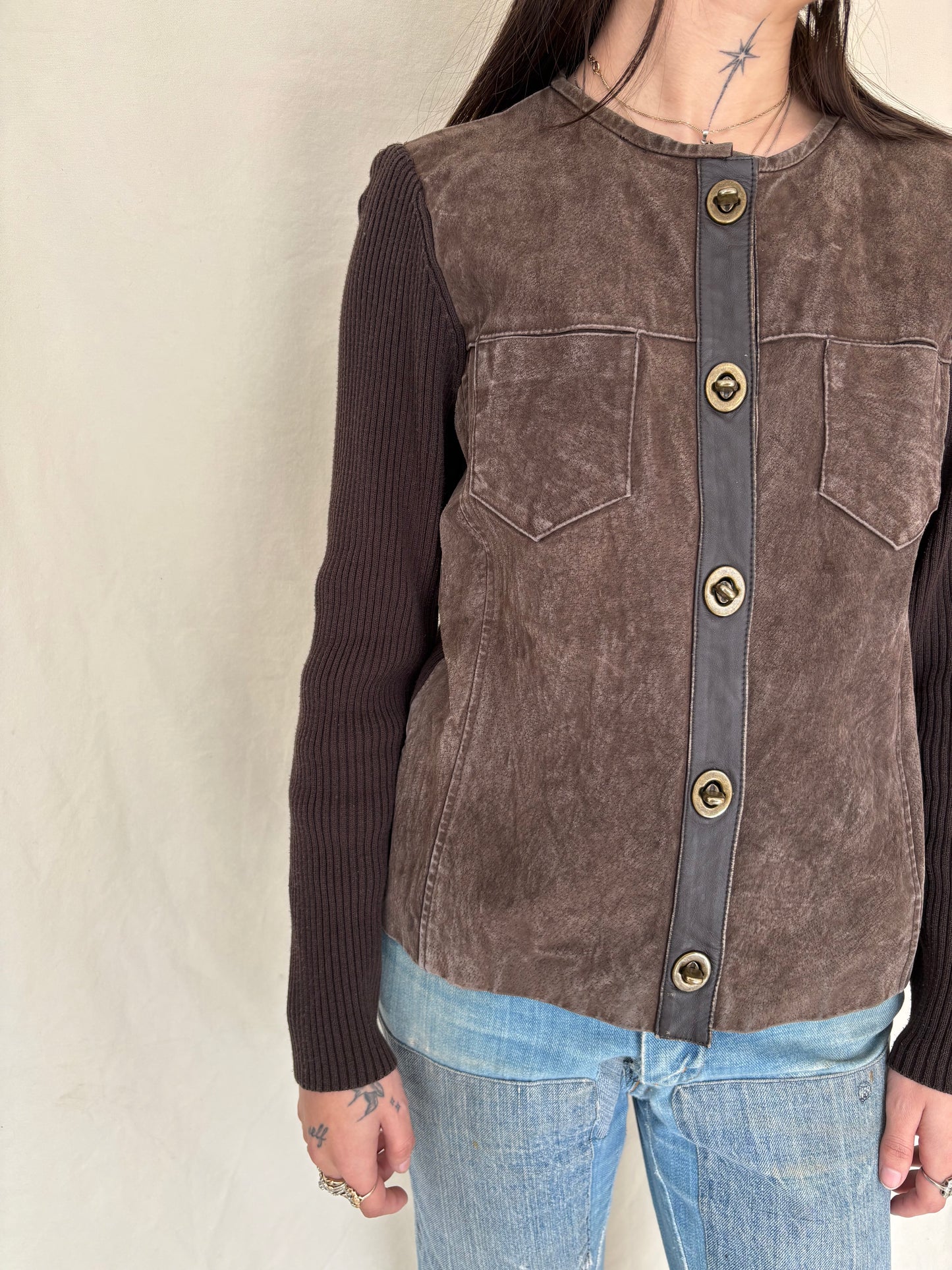 Brown suede y2k top with metal clasps